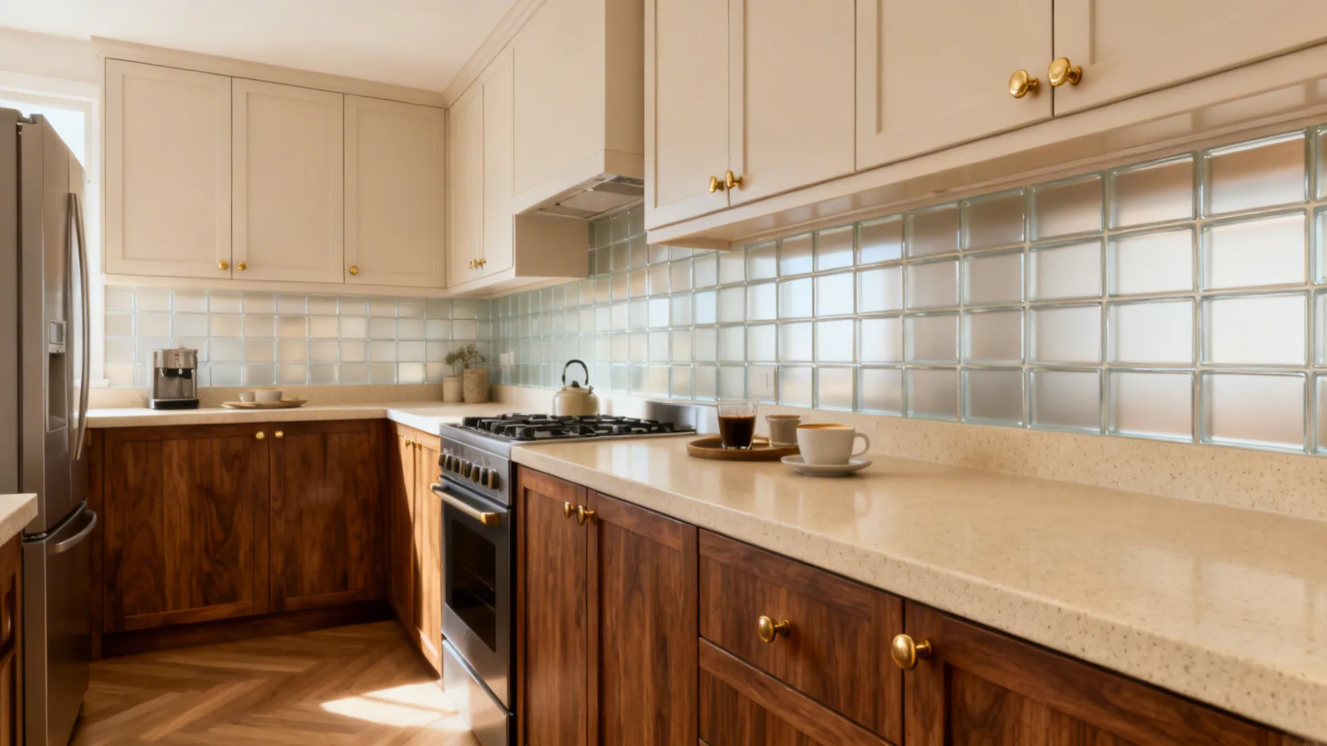 Walnut-look base units with brass pulls and beige quartz top in a bright 8x12 kitchen.