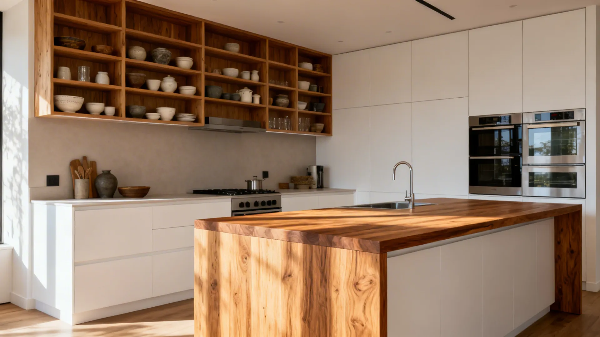 Compact modular kitchen with white oak shelves and a wood-edged peninsula for warmth.