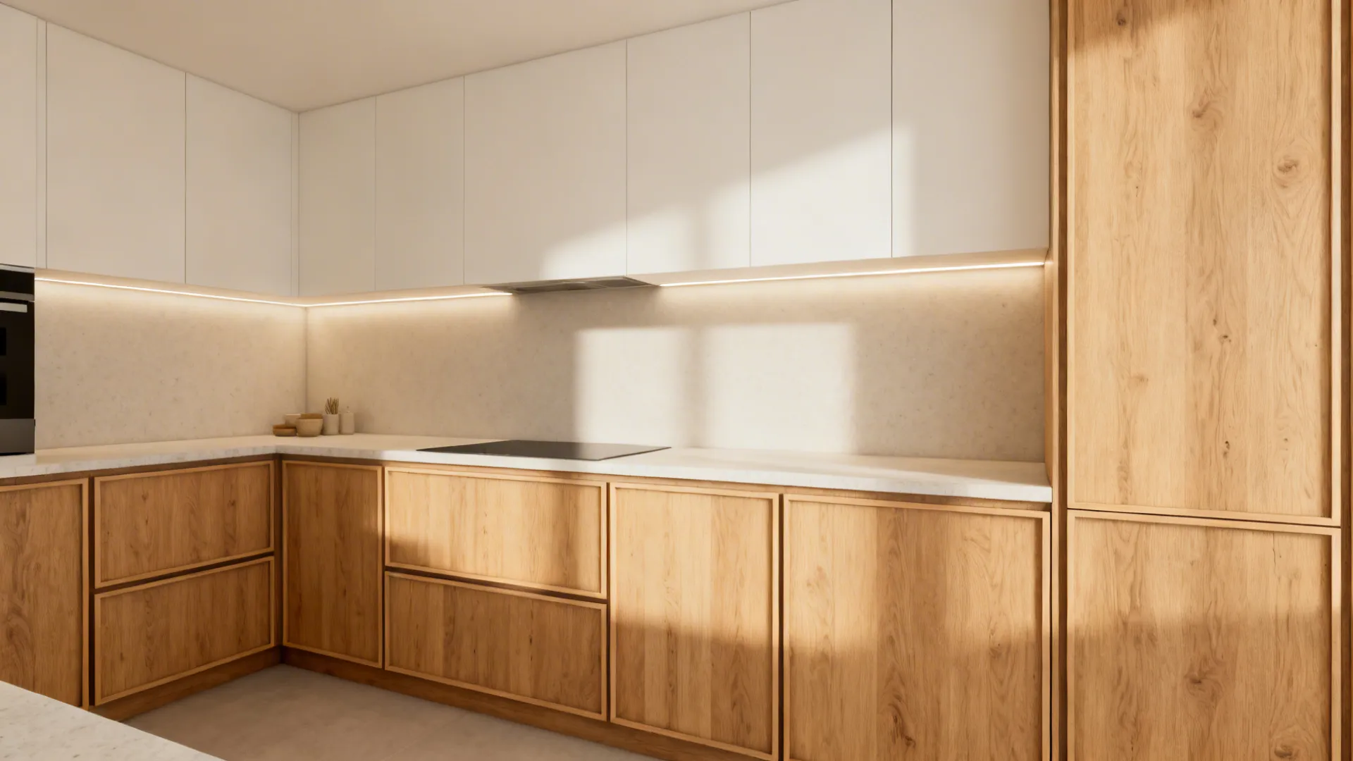 L-shaped kitchen with warm white uppers, light oak lowers, and matte quartz for a soft Scandinavian feel.