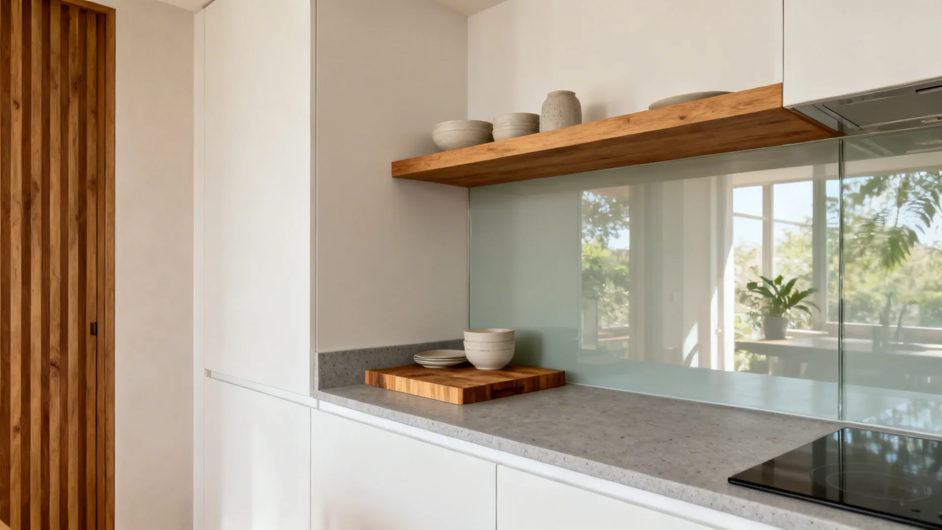 Small modern kitchen with matte white cabinets and subtle oak shelves for warmth.