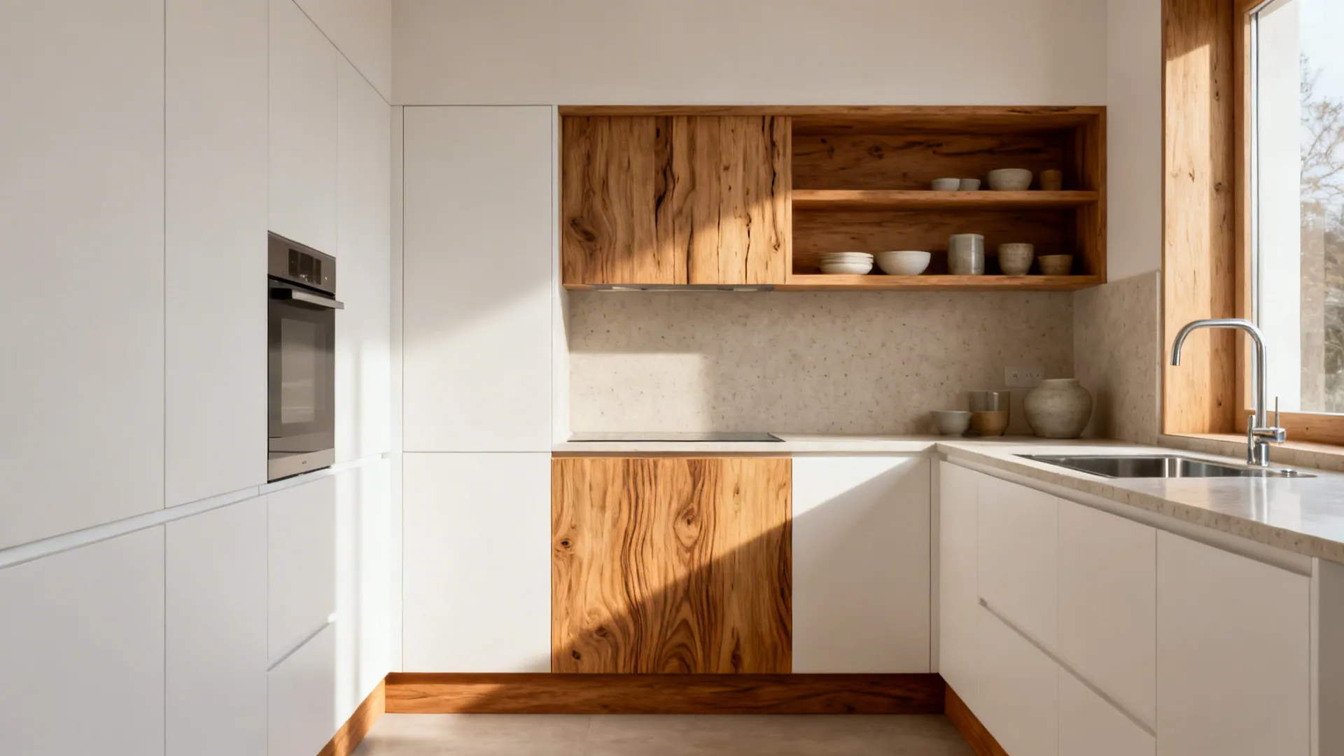 Modern white kitchen with rift-cut oak shelf and toe-kick adding warmth.