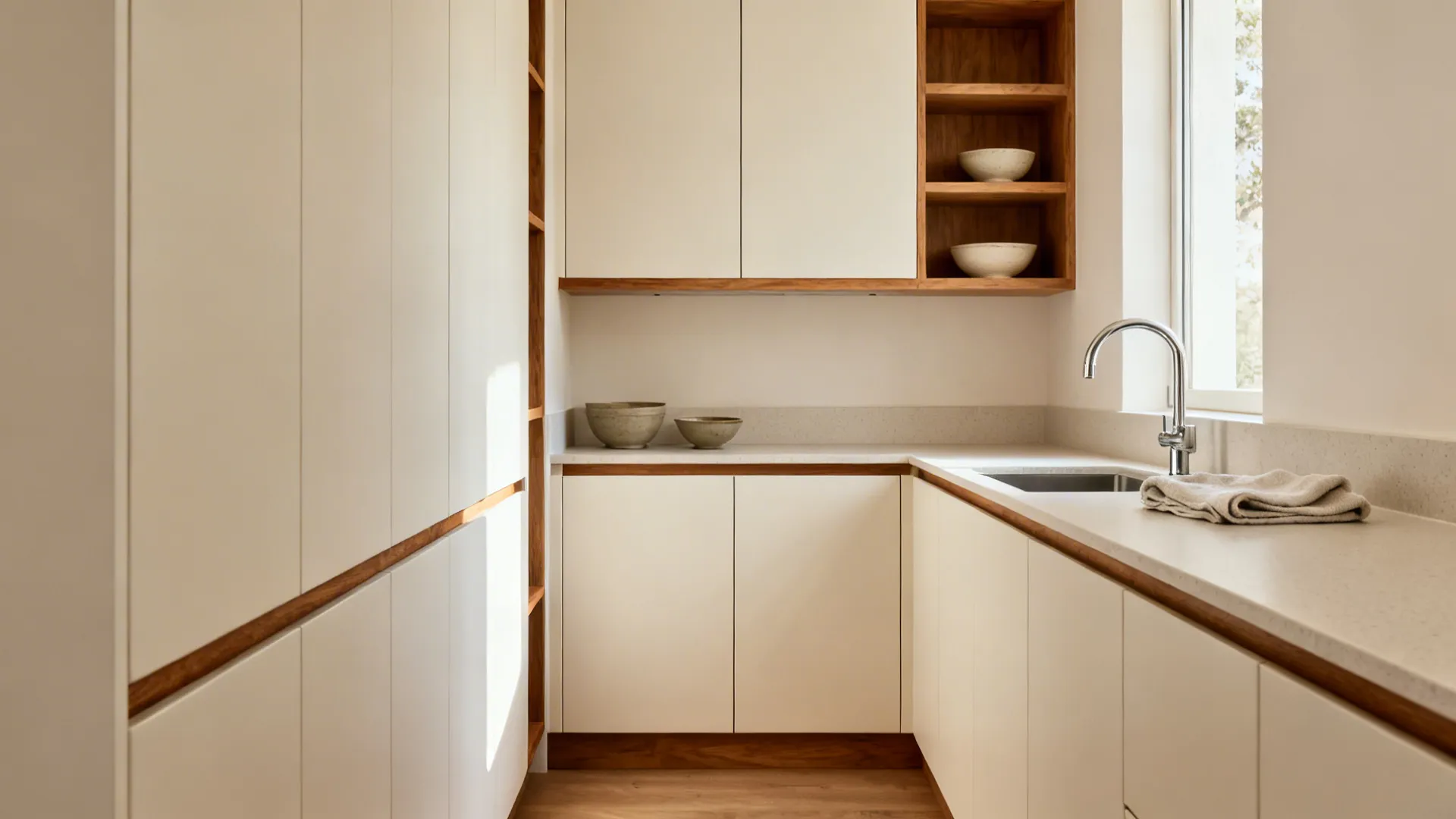 Compact kitchen with oak-edge shelves and off-white modular cabinets.