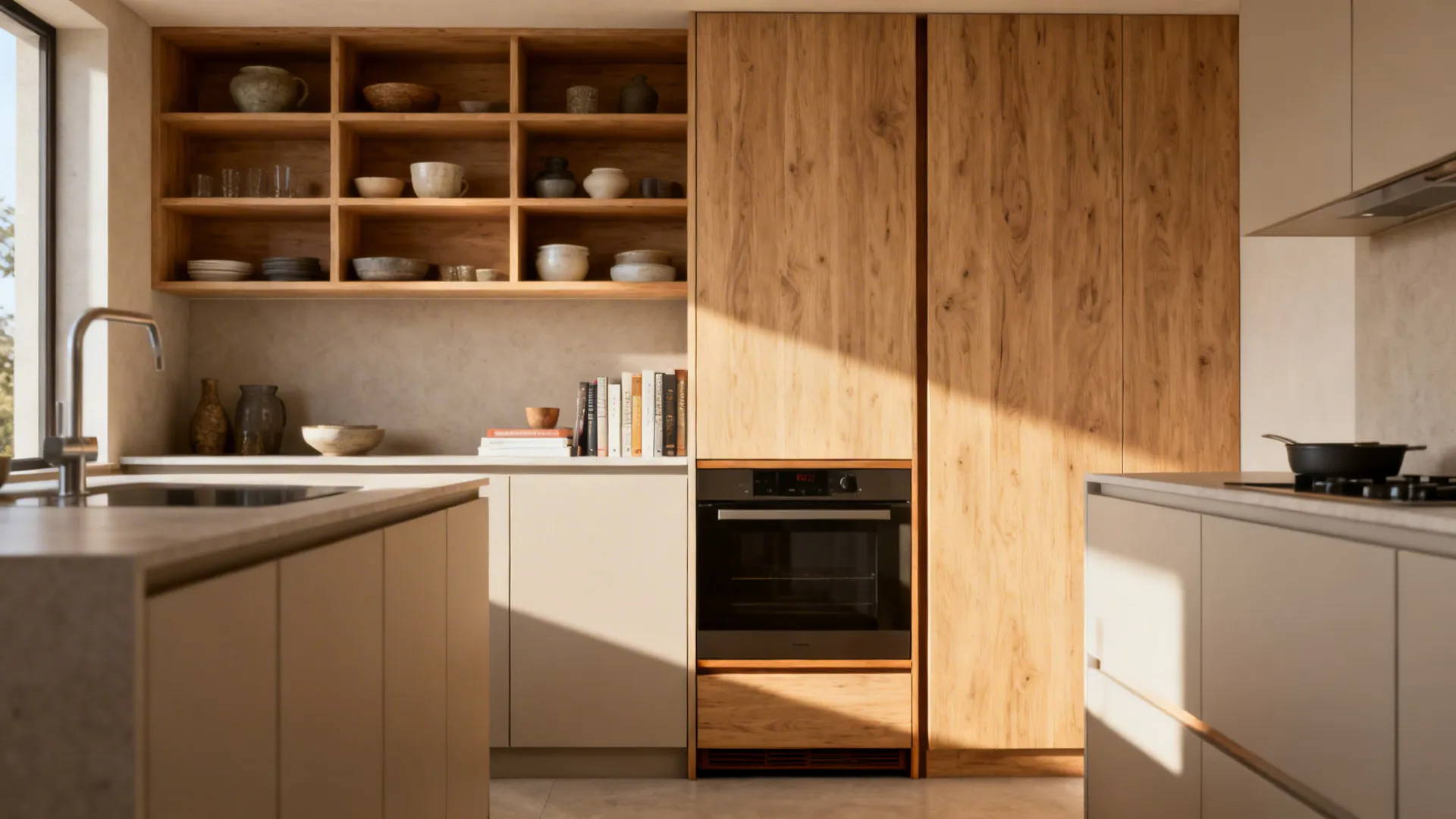 Warm wood accents to soften cabinet lines
