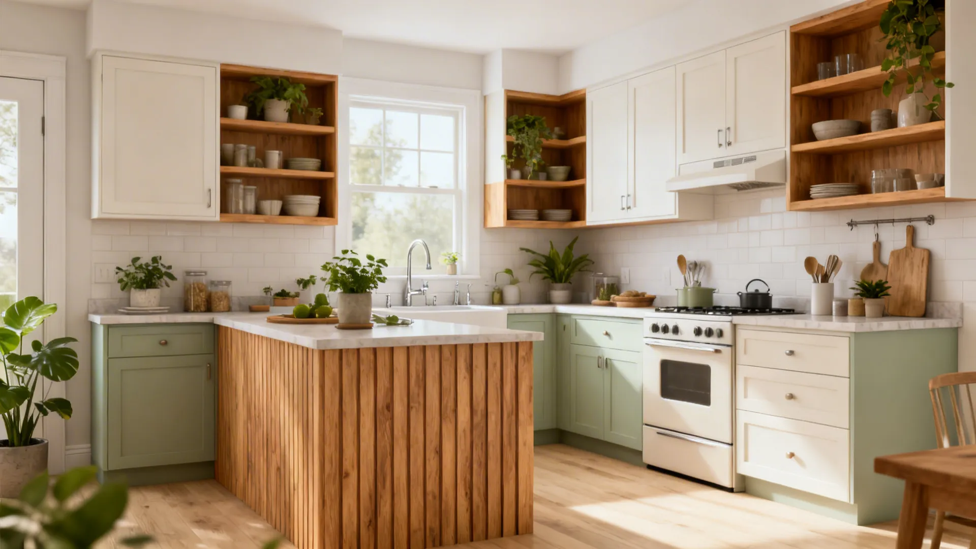 Neutral kitchen with mid-tone oak shelves and a wood island panel in a bright 12×9 ft space.