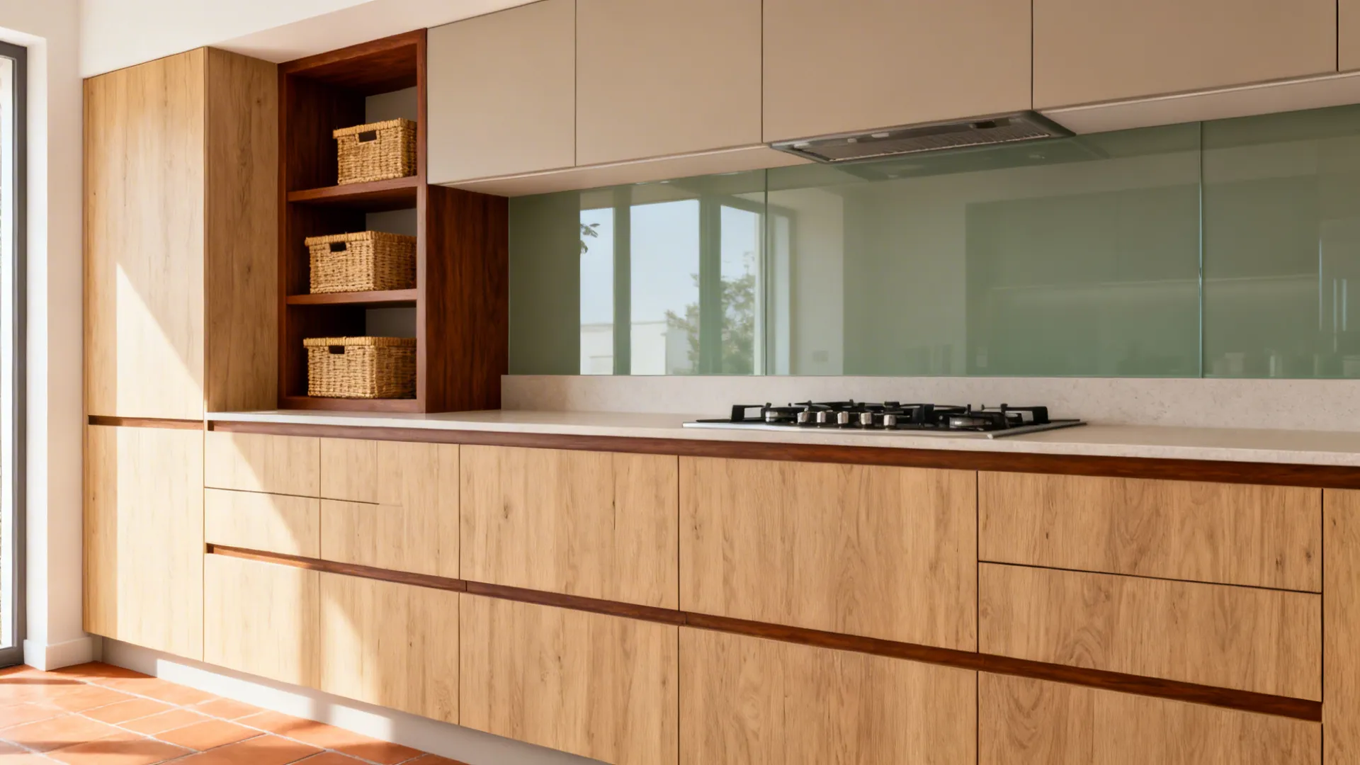Modern kitchen featuring wood lower cabinets grey upper cabinets and woven baskets on open shelves