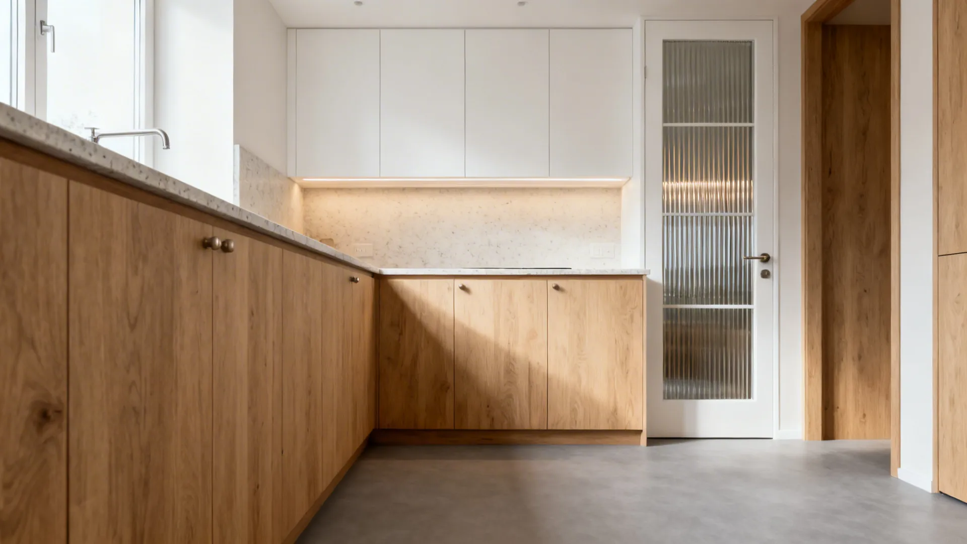 HDB kitchen with pale oak lowers, white uppers, and ribbed glass accents under warm light.