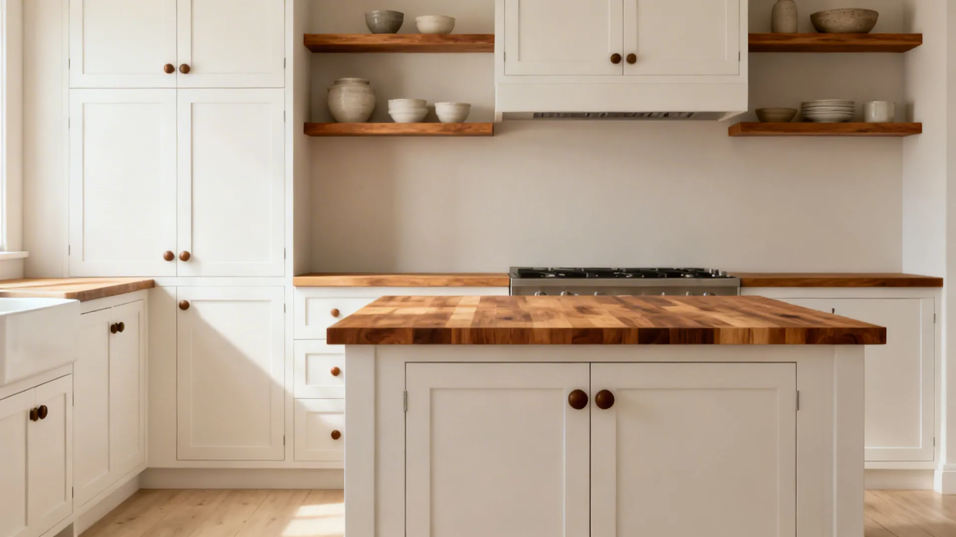White kitchen with butcher-block island, oak open shelves, and walnut knobs for a cozy look.