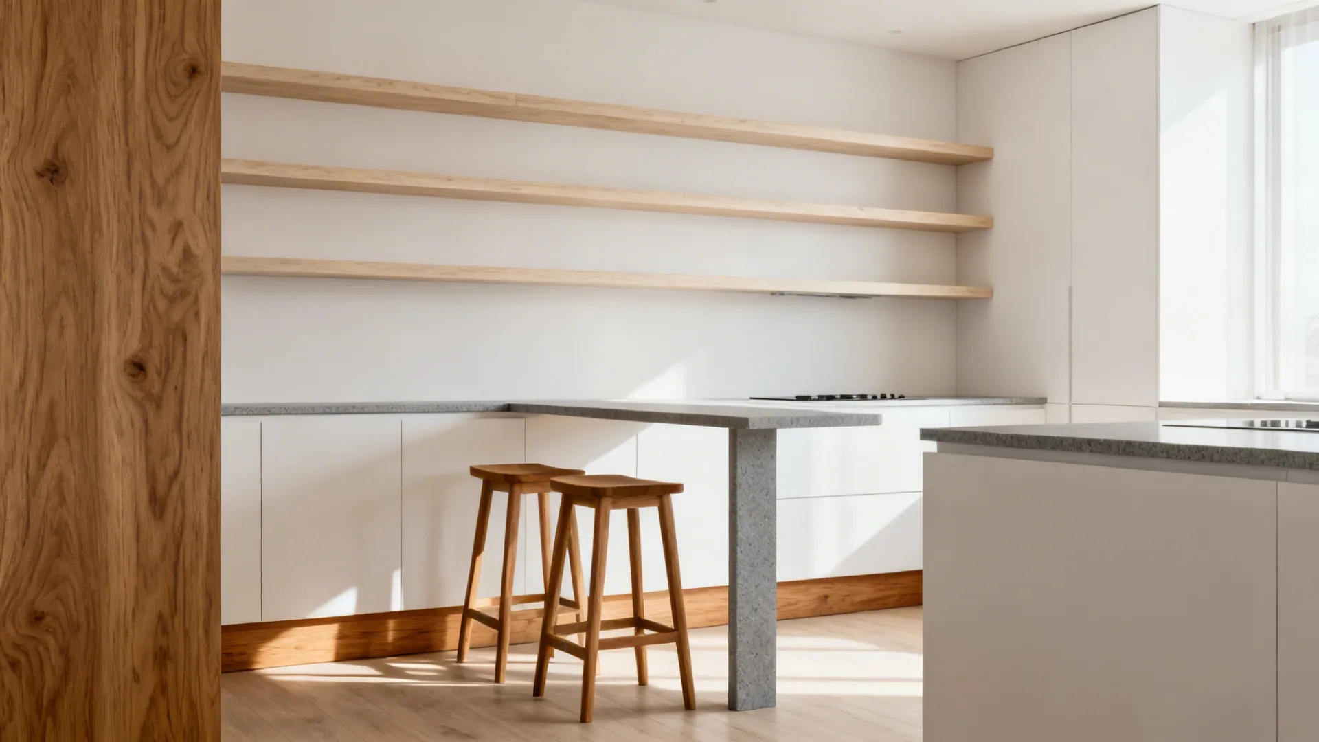 Minimalist white kitchen warmed by oak shelves, wood toe-kick, and bar stools.