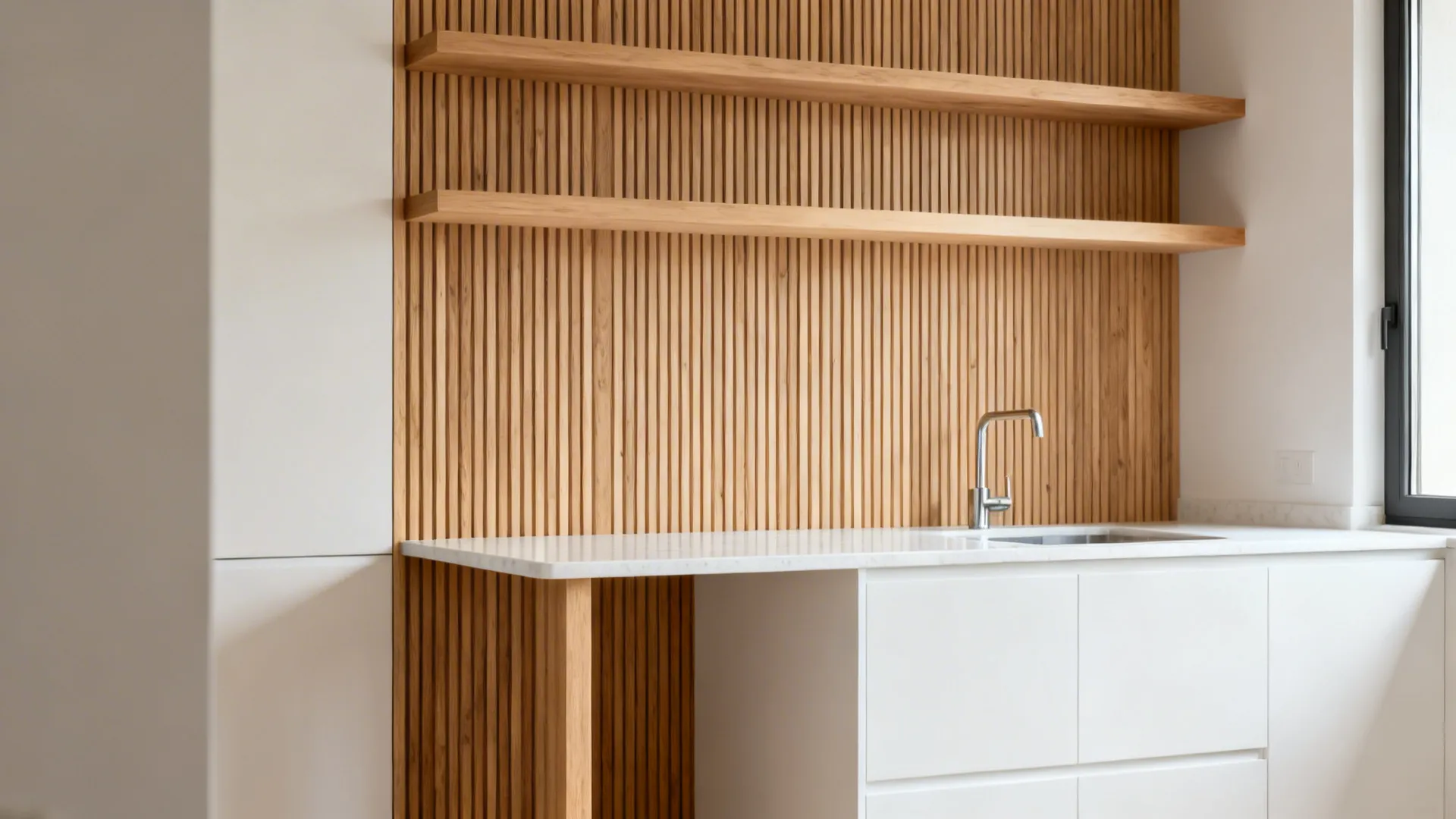 Small kitchen with oak slat peninsula and light oak shelves paired with matte white cabinets.