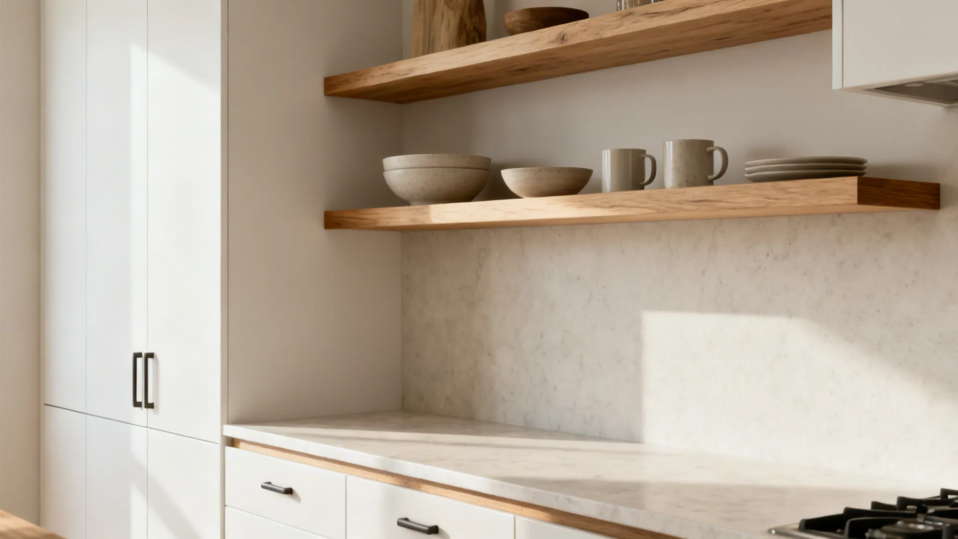 Modern kitchen area with white cabinets wooden shelves marble countertop and natural light from window