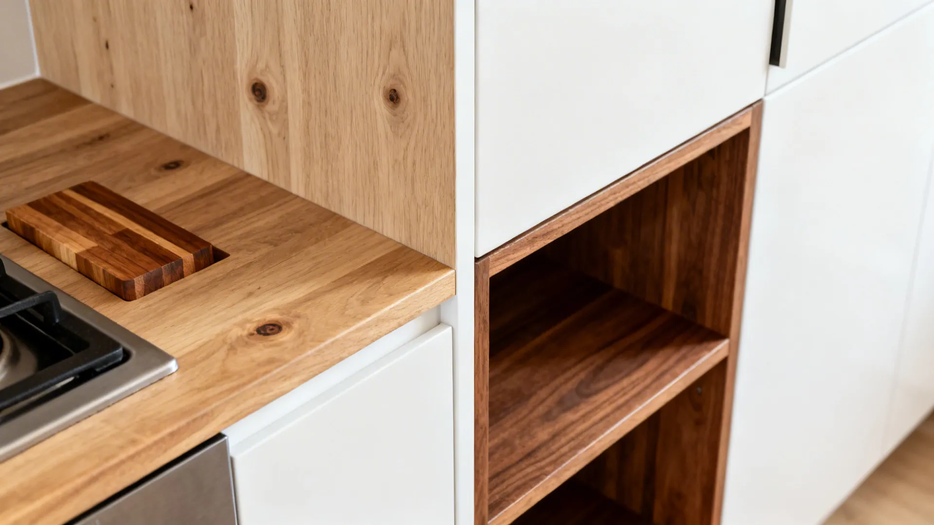Macro of white-oak panel, walnut shelf, and butcher-block insert in a white kitchen.