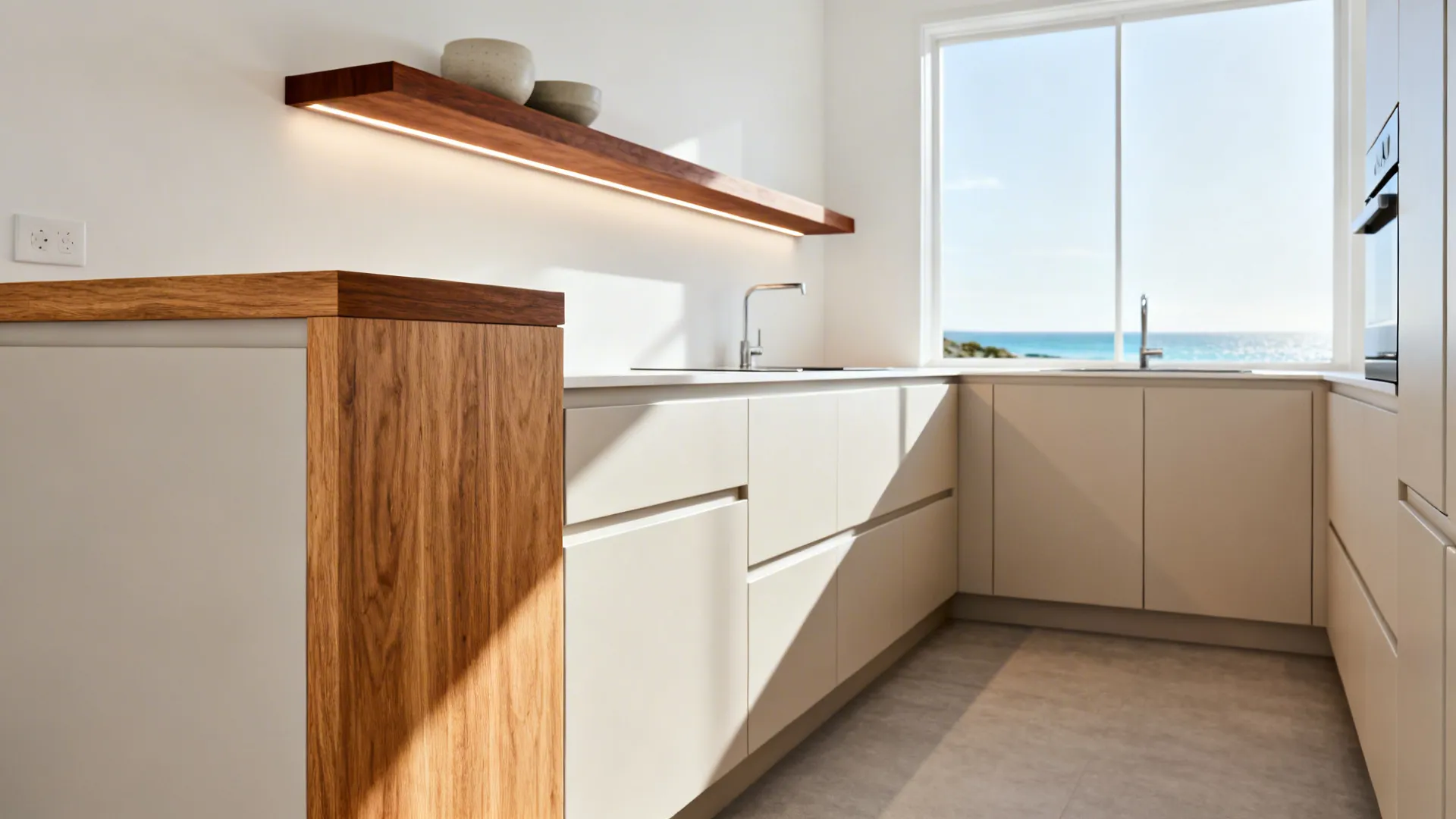 Light cabinets with oak-wrapped panel and walnut shelf adding warmth to a small NZ kitchen.