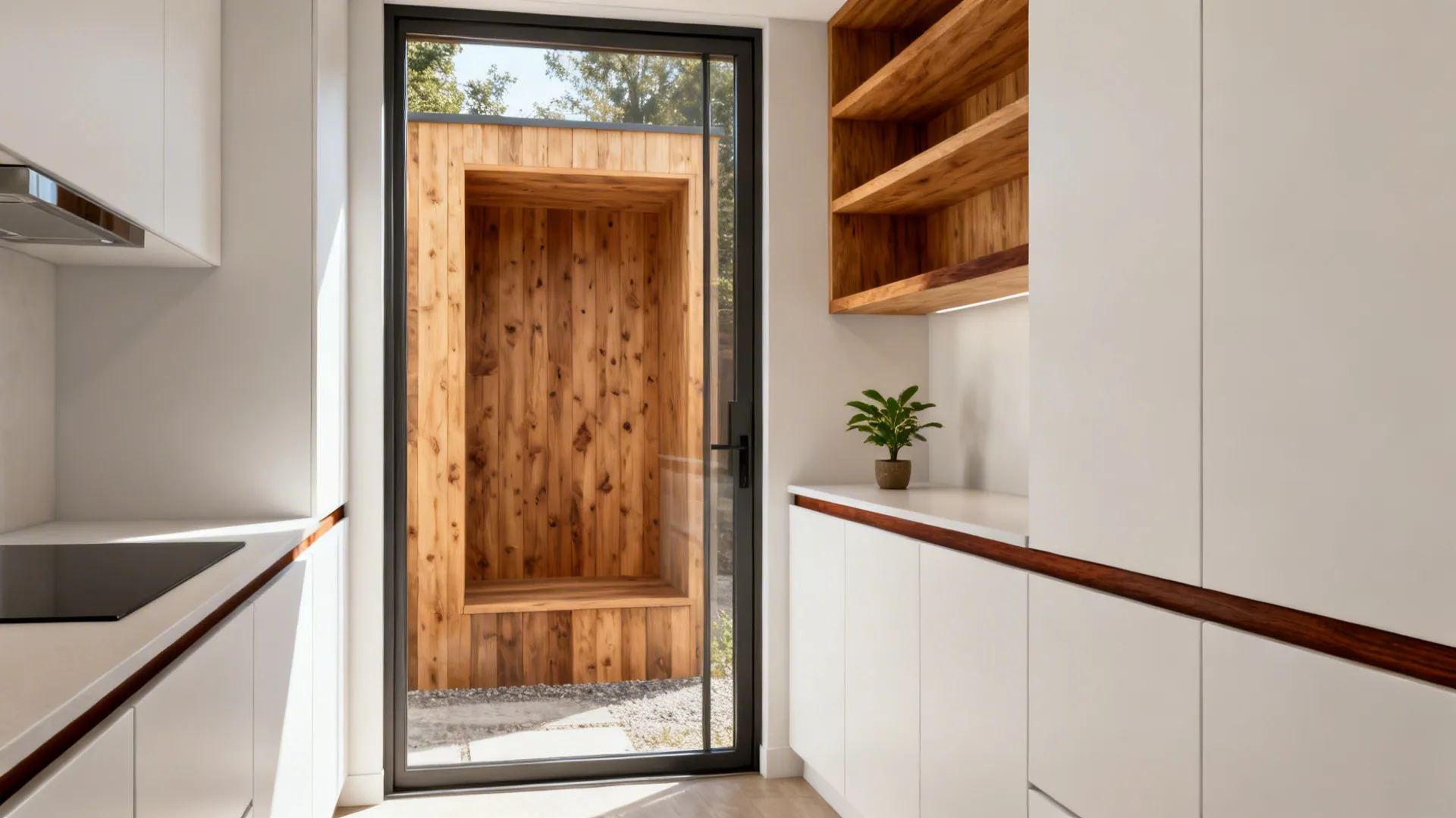 White-and-wood small kitchen with oak shelves and cedar-clad outdoor niche in view.