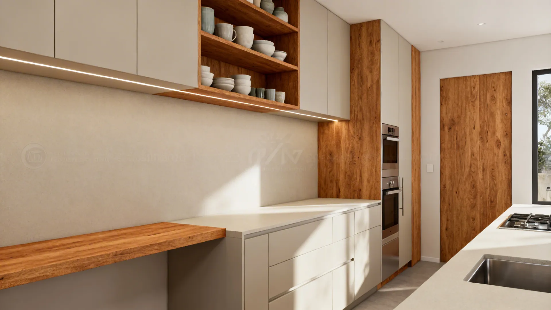 Light cabinetry balanced with Tasmanian oak shelves and a slim wood breakfast ledge in a small kitchen.