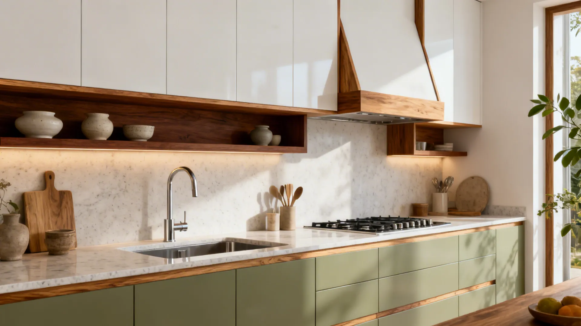 Small minimalist kitchen with oak edge banding, walnut shelf, and a wood-framed hood under soft daylight.