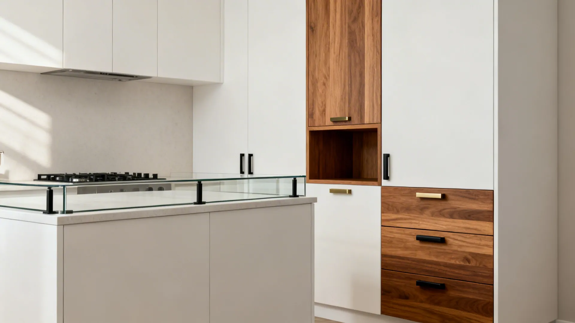 Small white kitchen with warm wood drawer fronts and matte black hardware under soft daylight.
