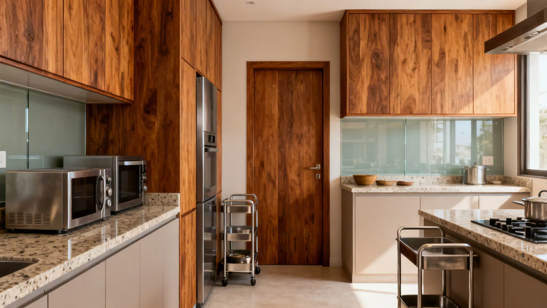Warm wood accents to balance stainless and stone