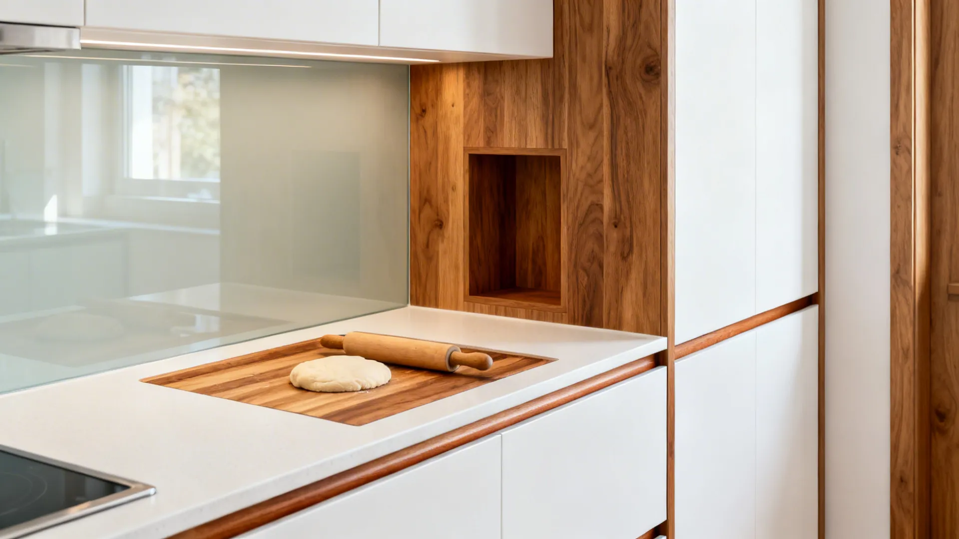 Compact white kitchen warmed by an oak butcher-block insert and niche panels.