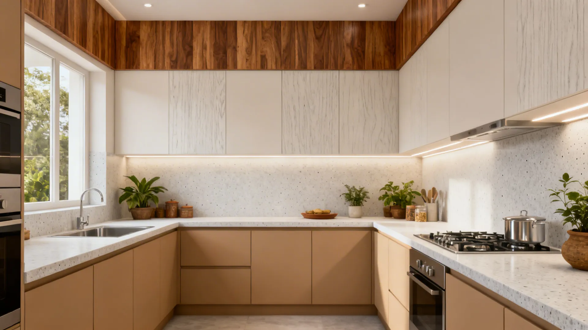 Modern kitchen with beige cabinets white speckled countertops wood wall panel accents and small plants