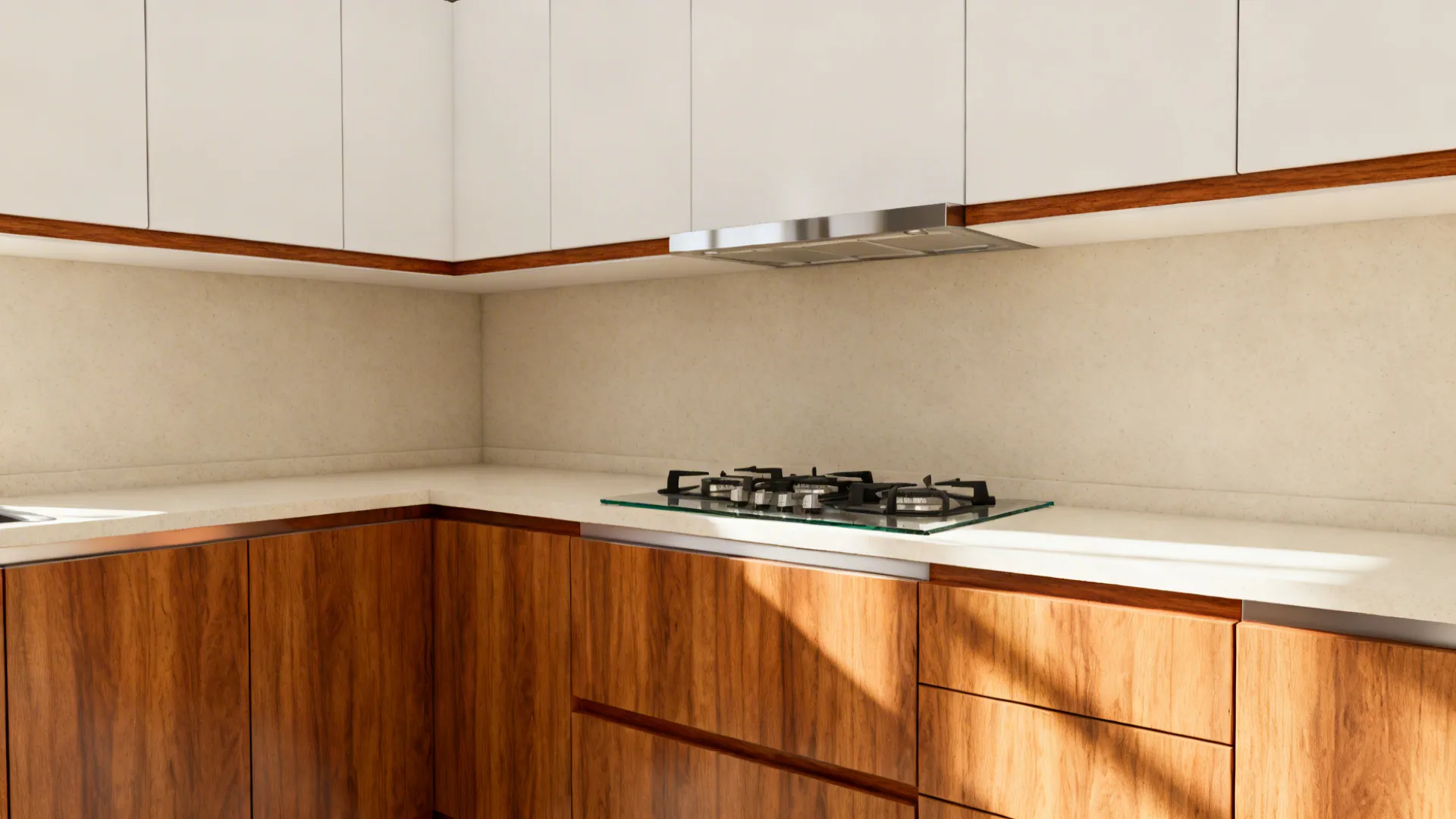 Compact kitchen with warm wood base units and matte white uppers for a balanced look.