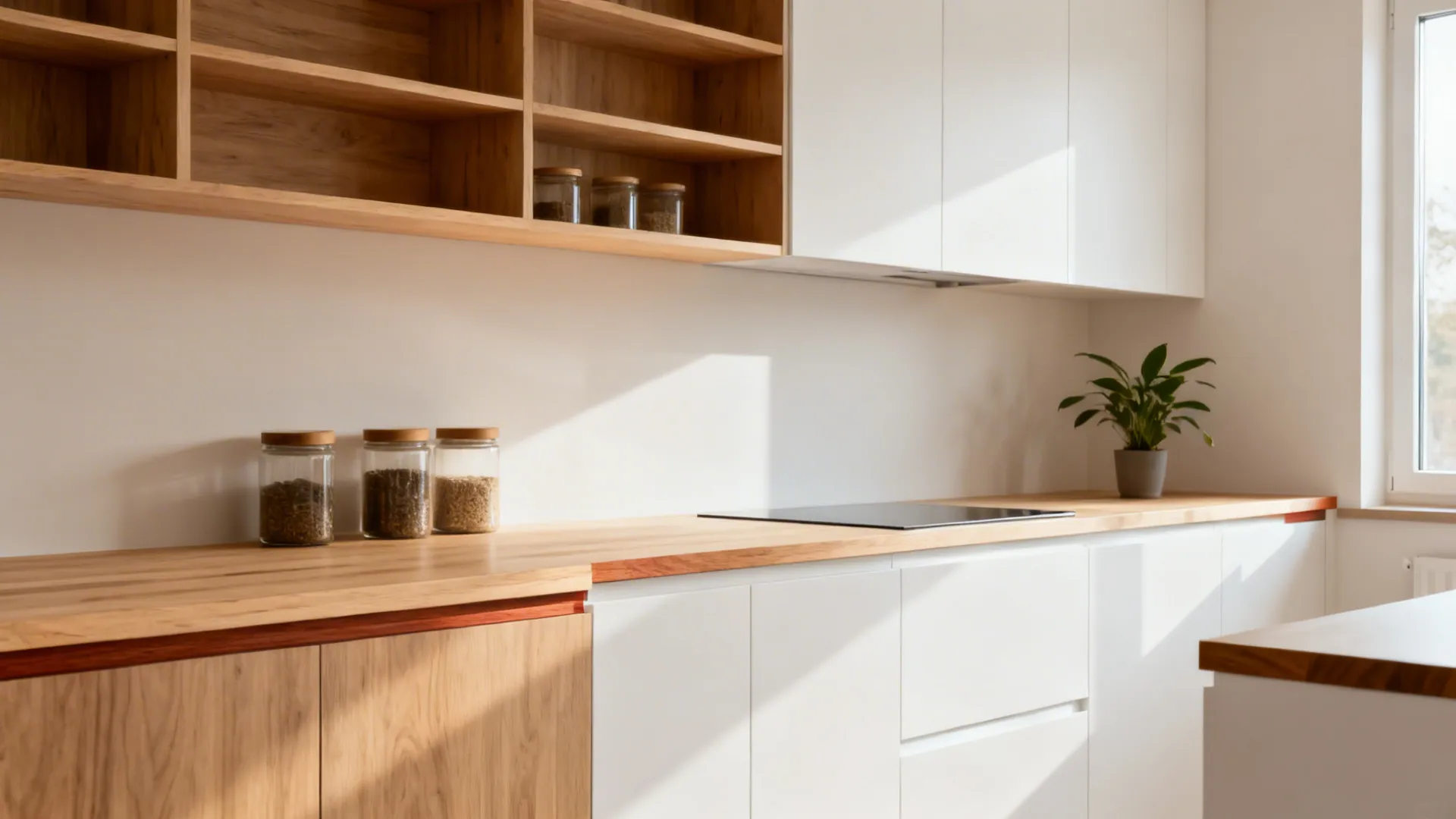 Matte white small kitchen with slim oak shelves and a light birch worktop adding warmth.
