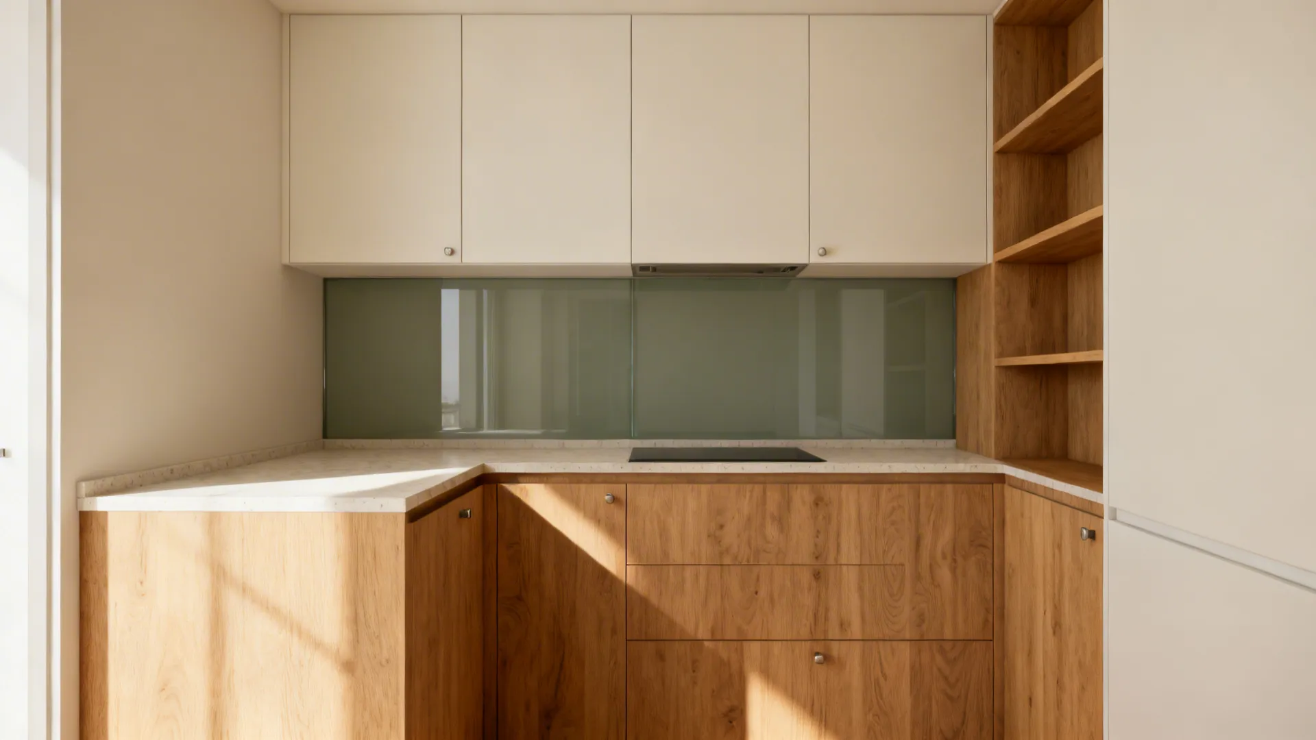 Light oak lower cabinets with off-white uppers in a small kitchen for warm balance.