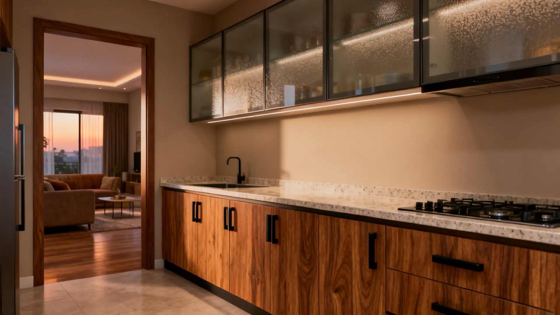 Open kitchen with rift-cut oak-look cabinets, matte black handles, and a light quartz countertop.