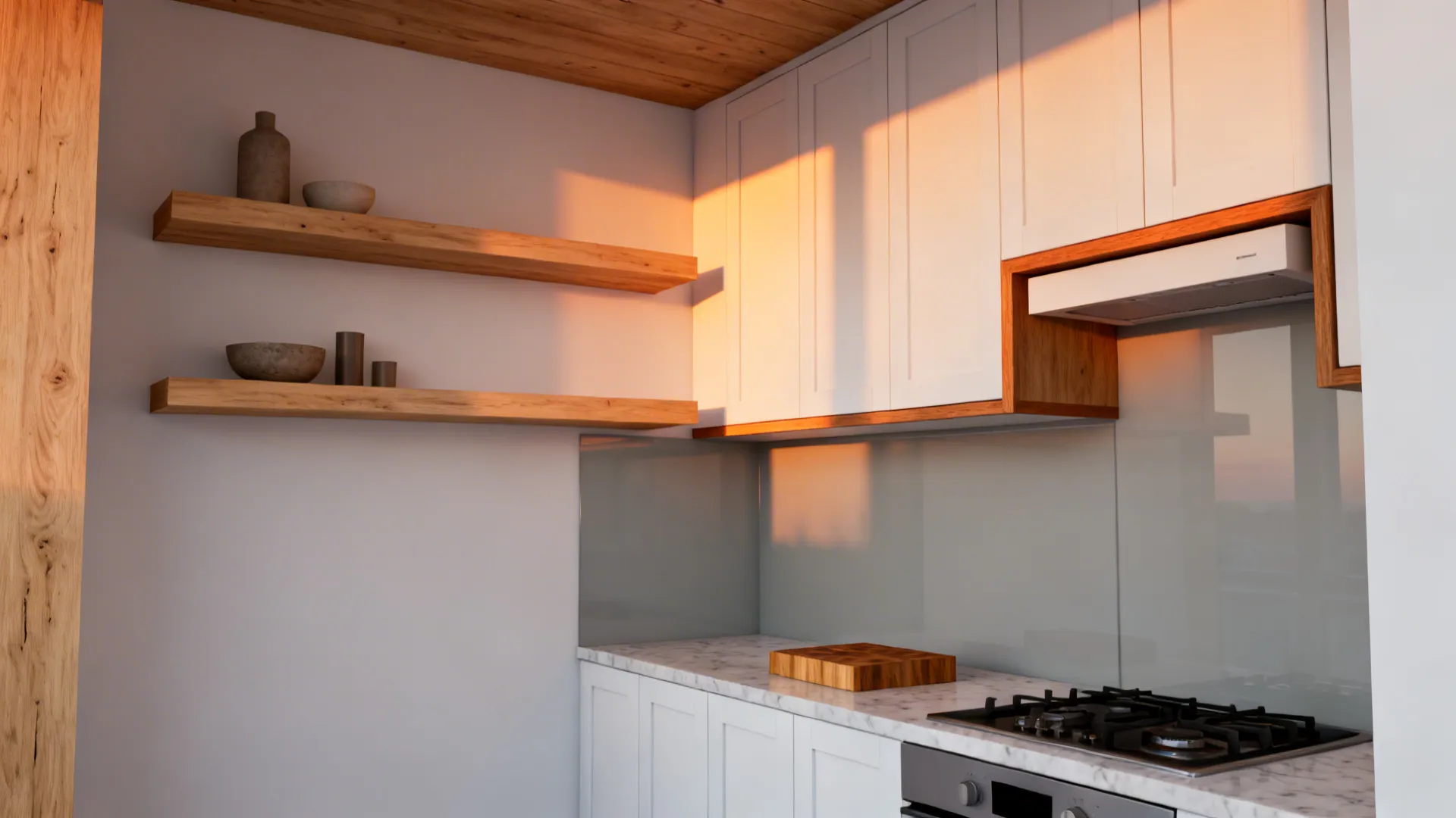 Compact white kitchen with oak shelves and a wood-framed hood adding warmth and texture.