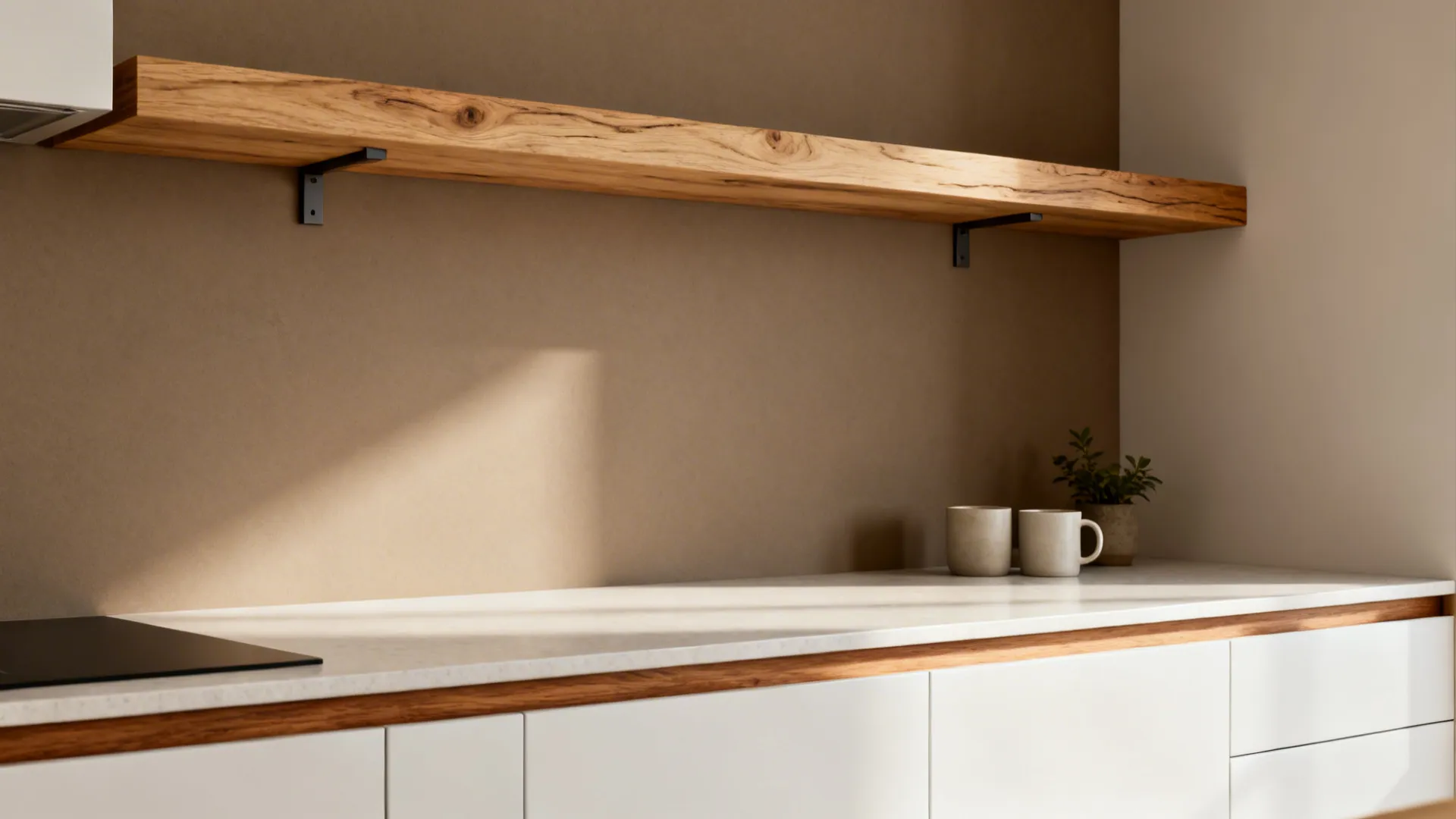 Minimalist kitchen with rift-cut white oak shelves and matte cabinetry creating warmth and texture.