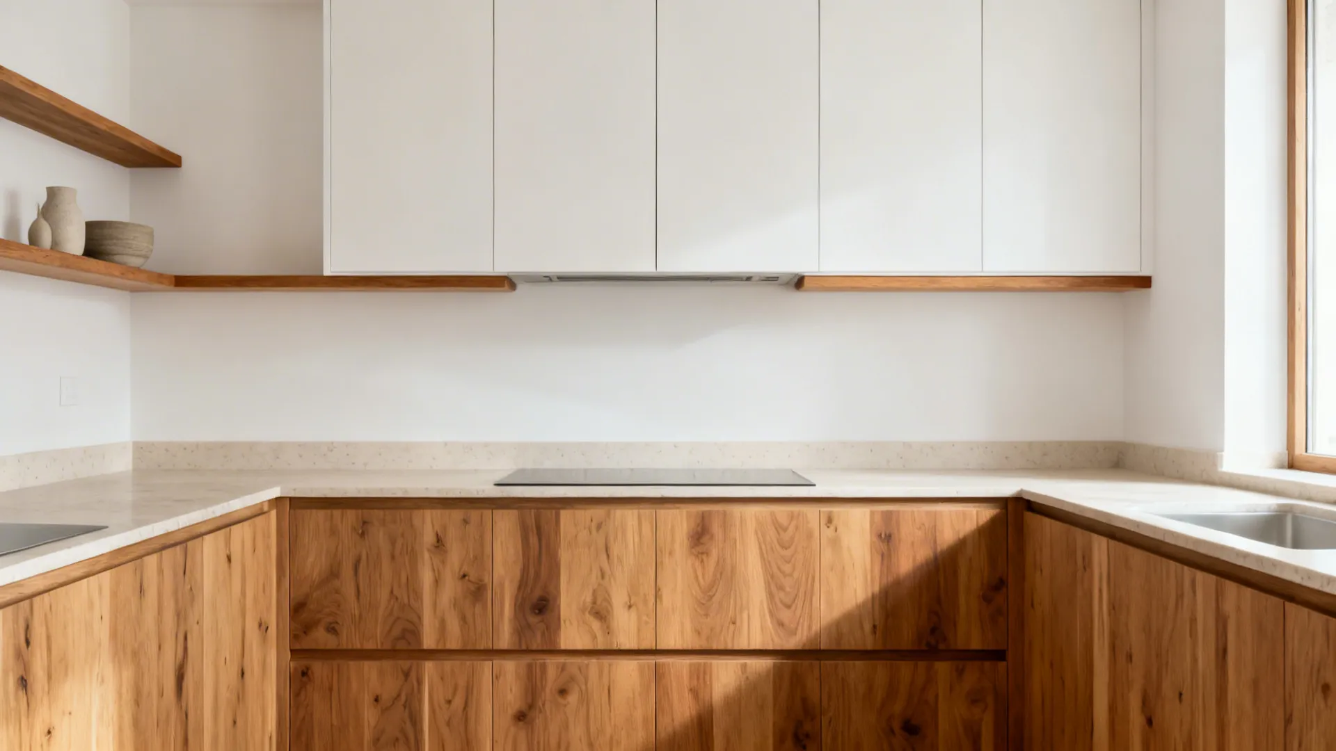 White uppers with rift oak bases and a slim wood shelf create warmth without heaviness.