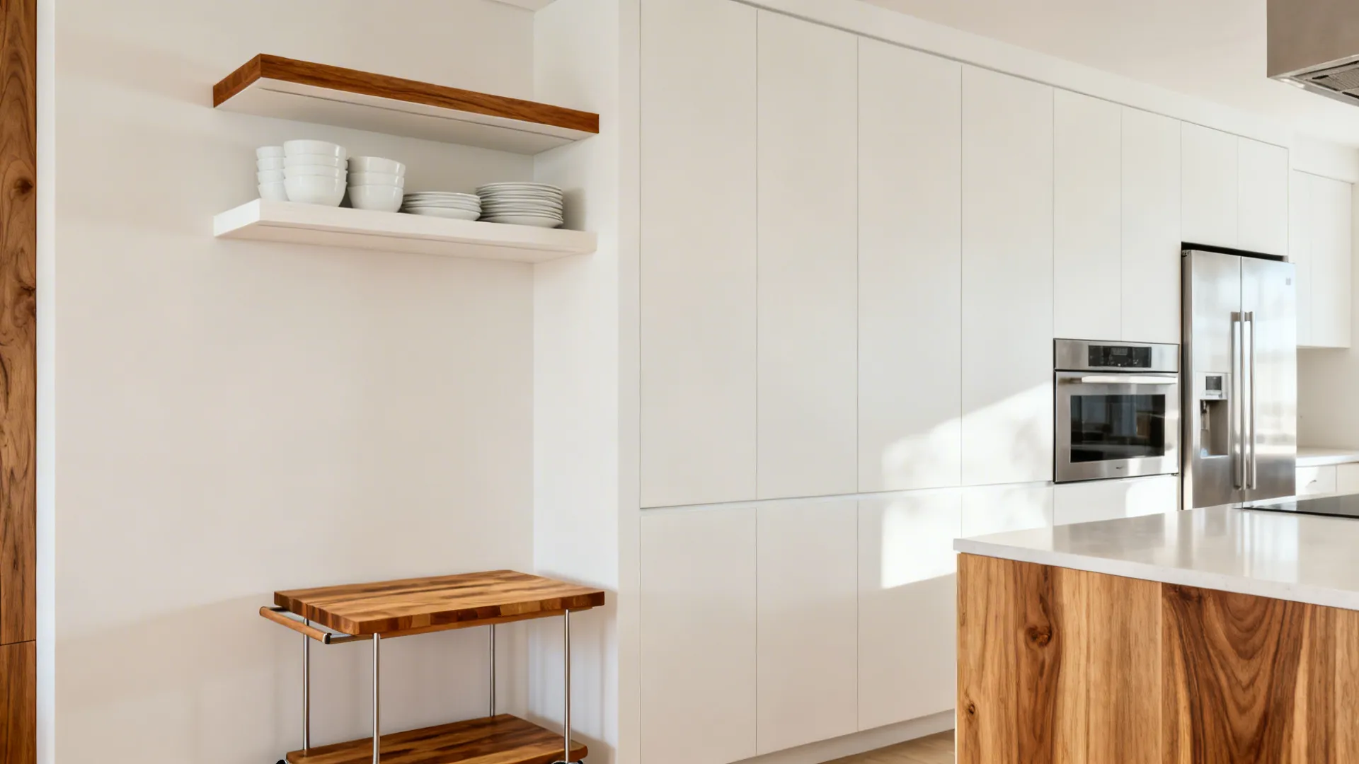 Macro of oak shelf edge and butcher-block cart adding warmth to a white minimalist kitchen.