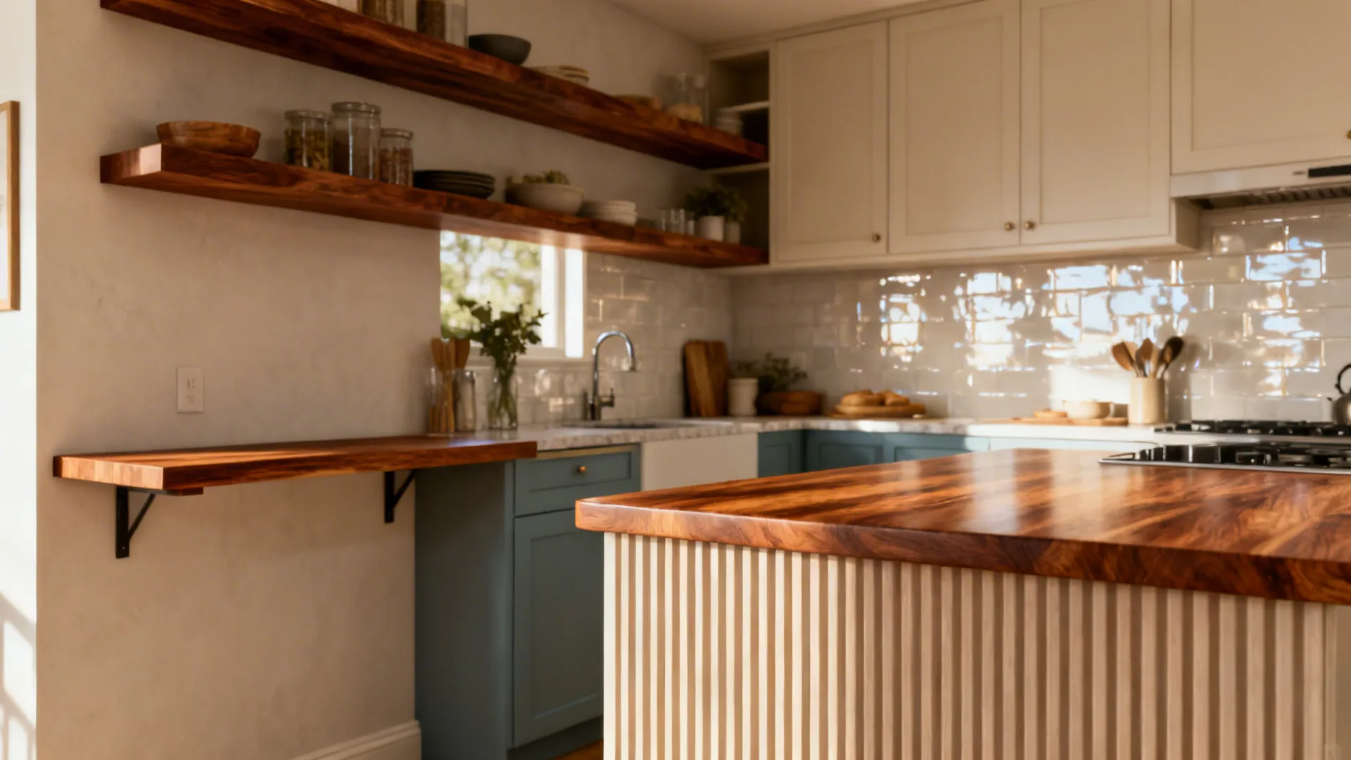 Small kitchen with walnut-look shelves and a slim butcher-block bar adding warmth and texture.
