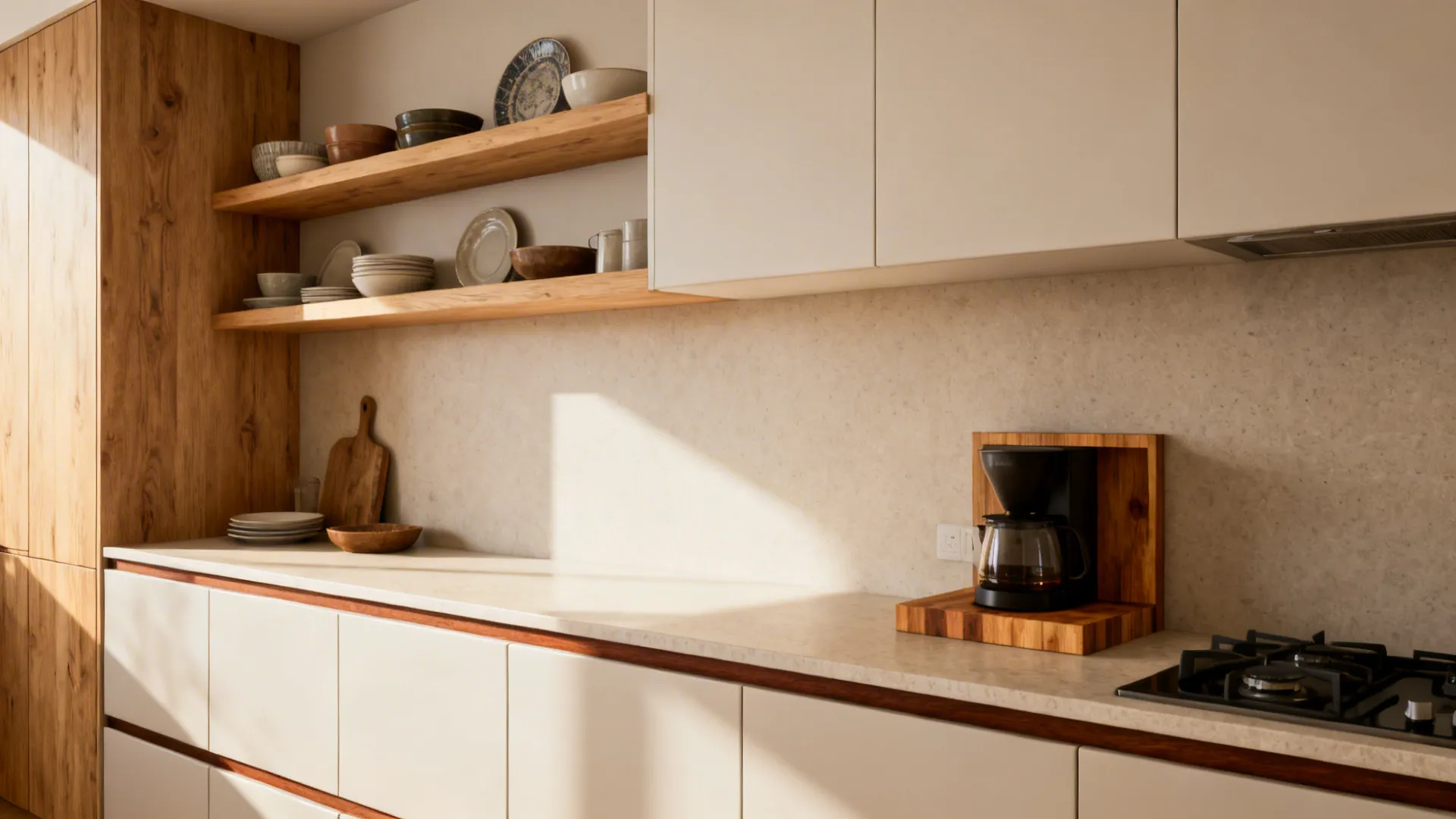 Light oak shelves and a butcher-block inset warm a small minimalist kitchen.