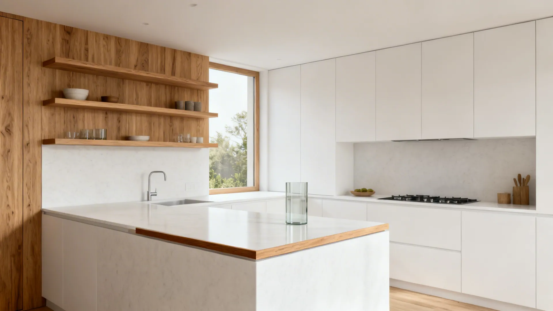 Minimal white kitchen with rift-cut oak shelf and thin wood edge details for warmth.