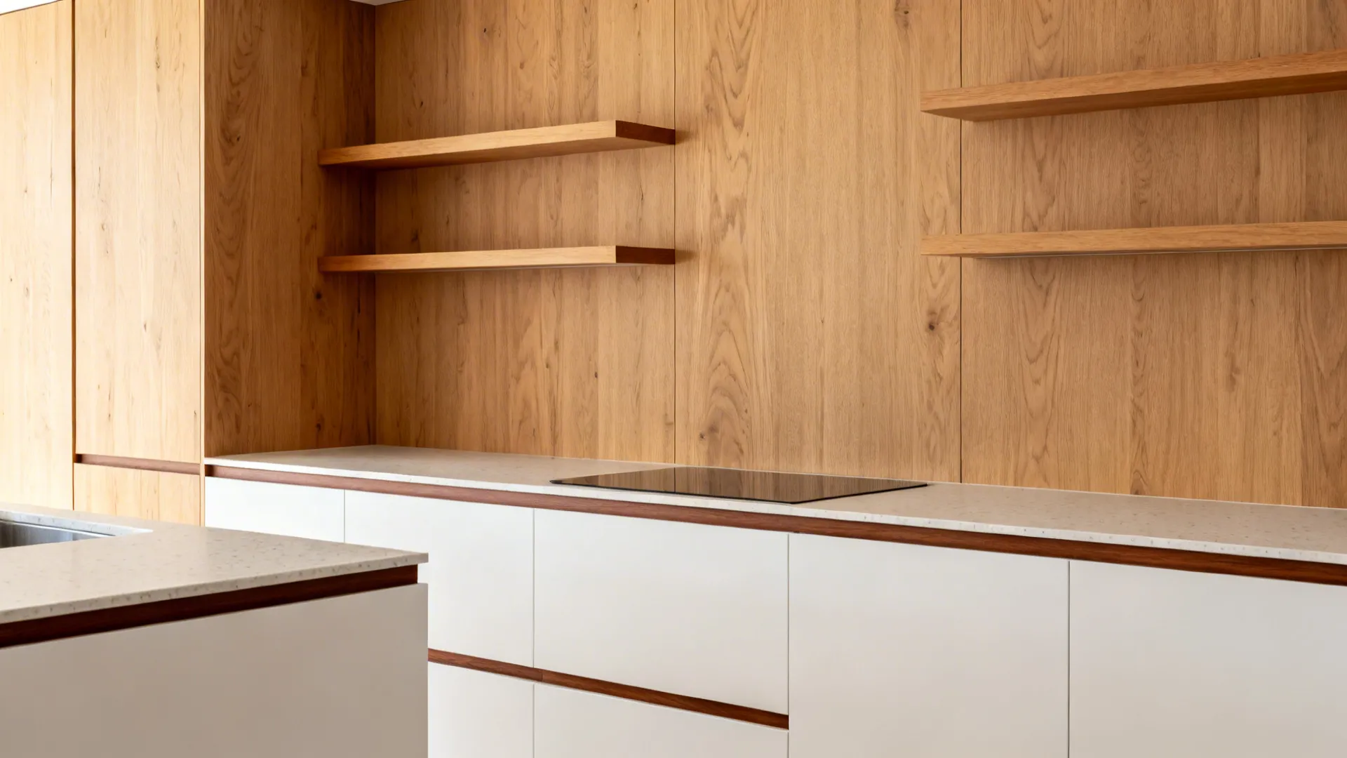 Minimalist kitchen with rift oak panels and floating shelves complementing matte white cabinets.