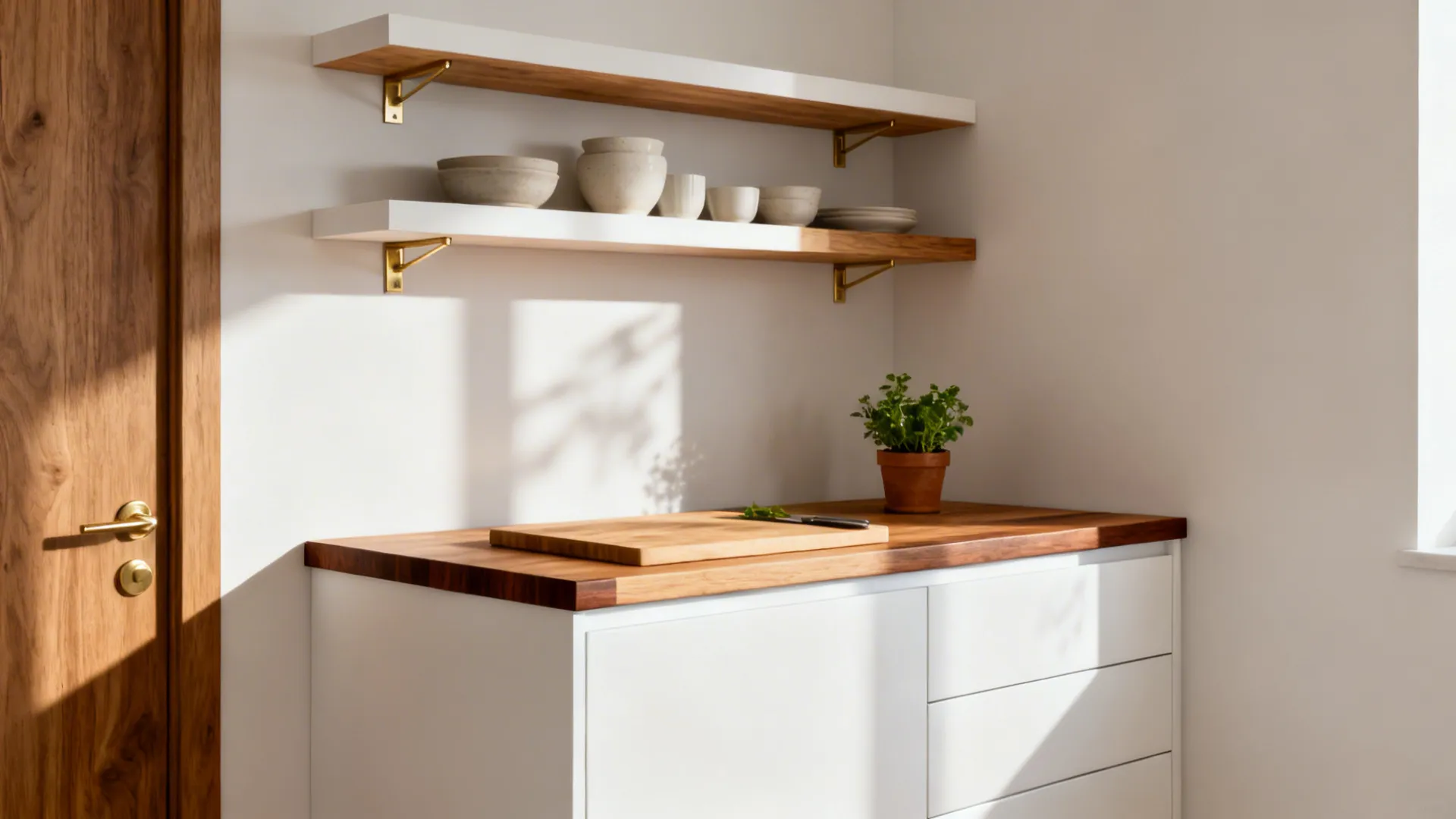 Small kitchen with oak shelves, walnut details, and a compact butcher-block prep zone.