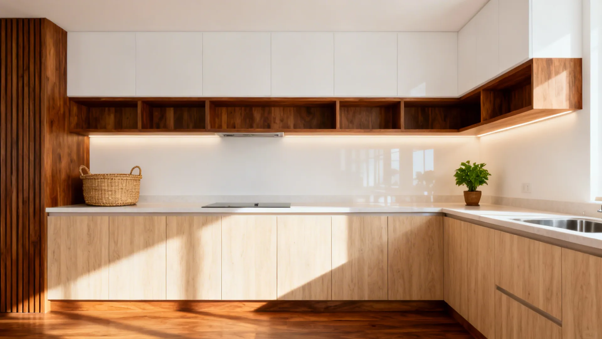 Compact kitchen with teak shelves, ash-look base cabinets, and bright white walls.