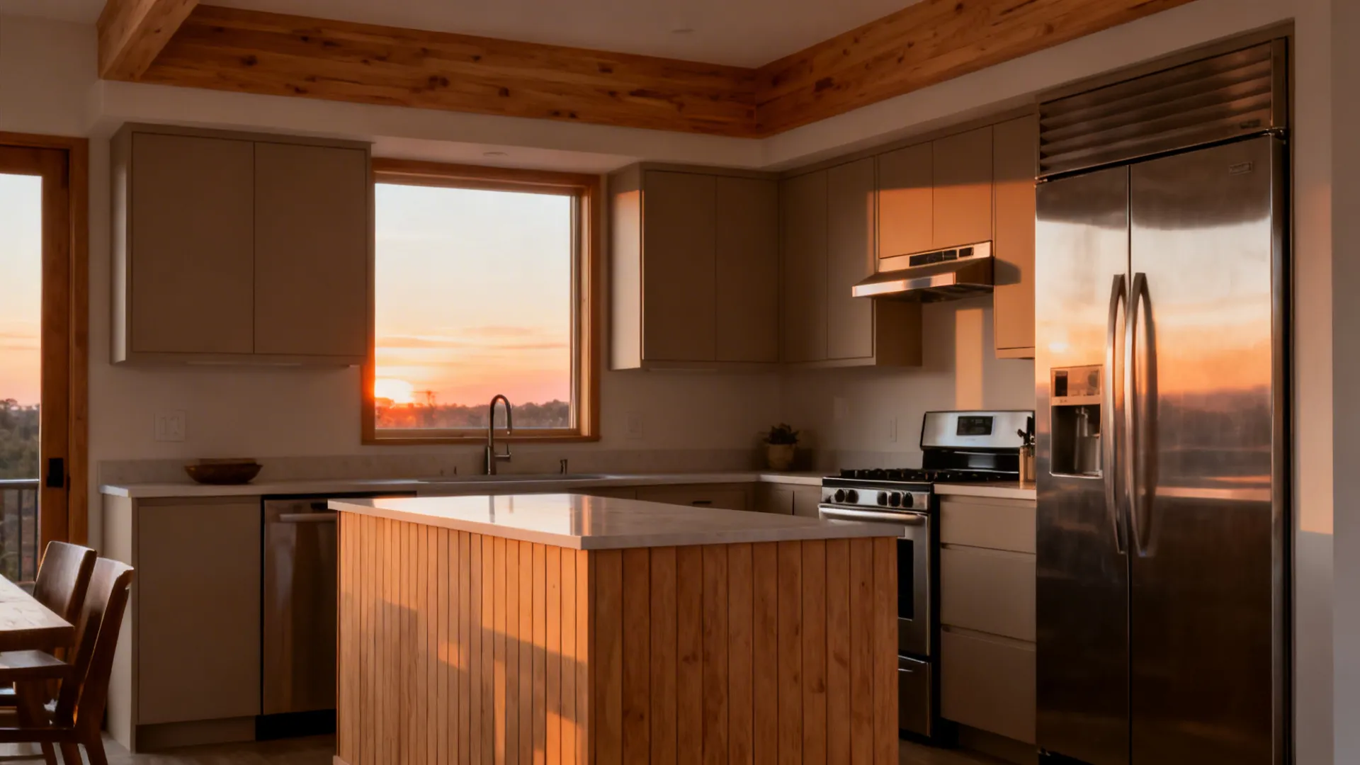 Small kitchen with white oak soffit and panel-wrapped island glowing in sunset light.