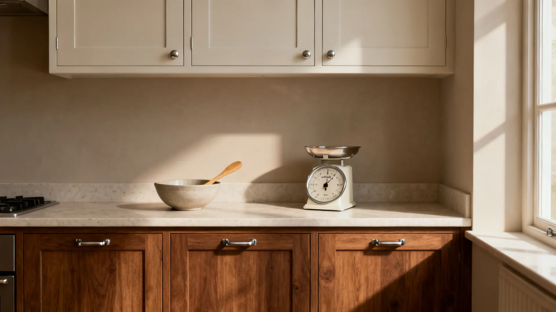 Compact kitchen showing oak lower cabinets with pale quartz and light uppers for a warm minimalist look.