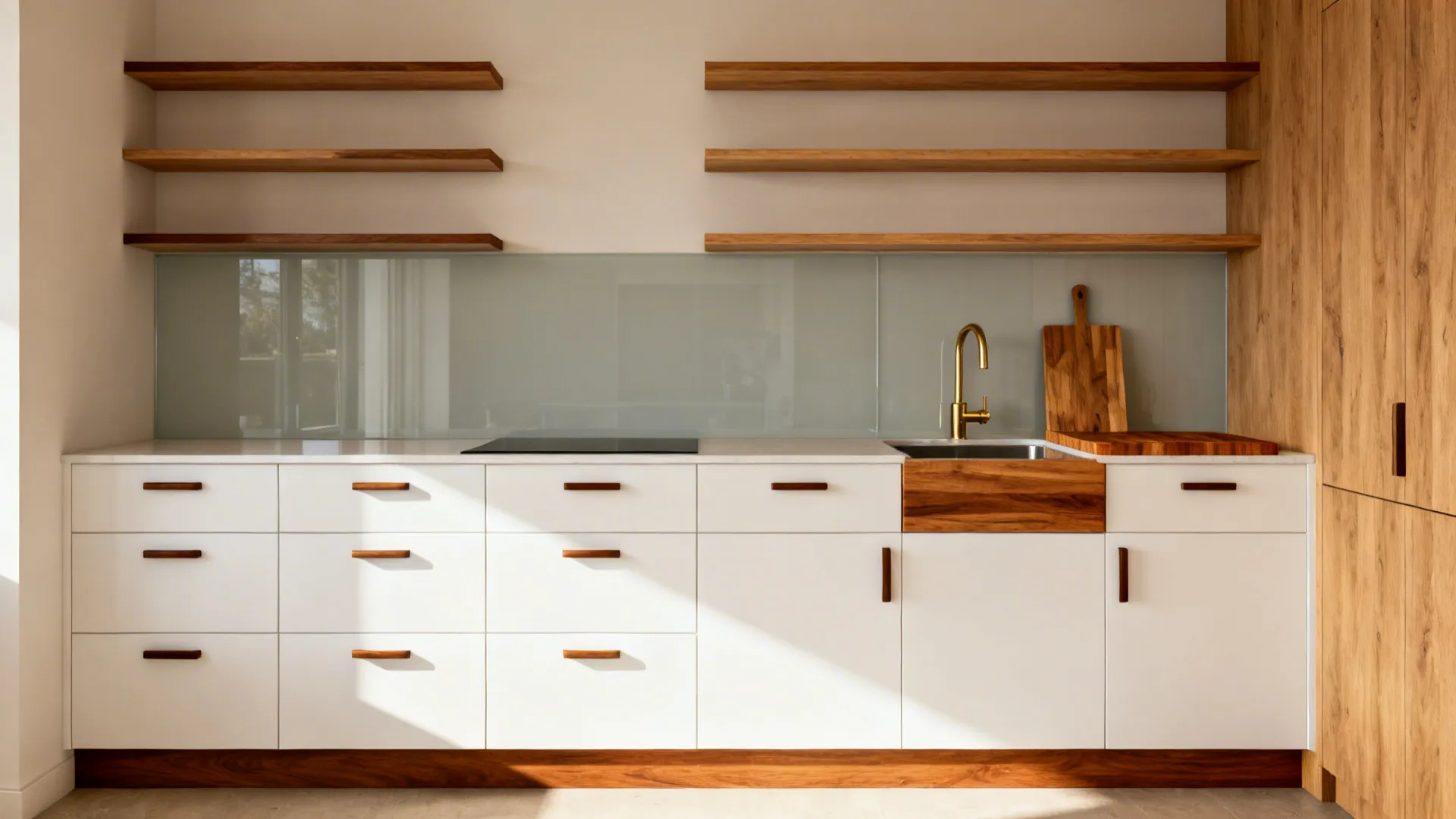 Minimalist kitchen with oak shelves, walnut pulls, and a butcher-block prep insert.
