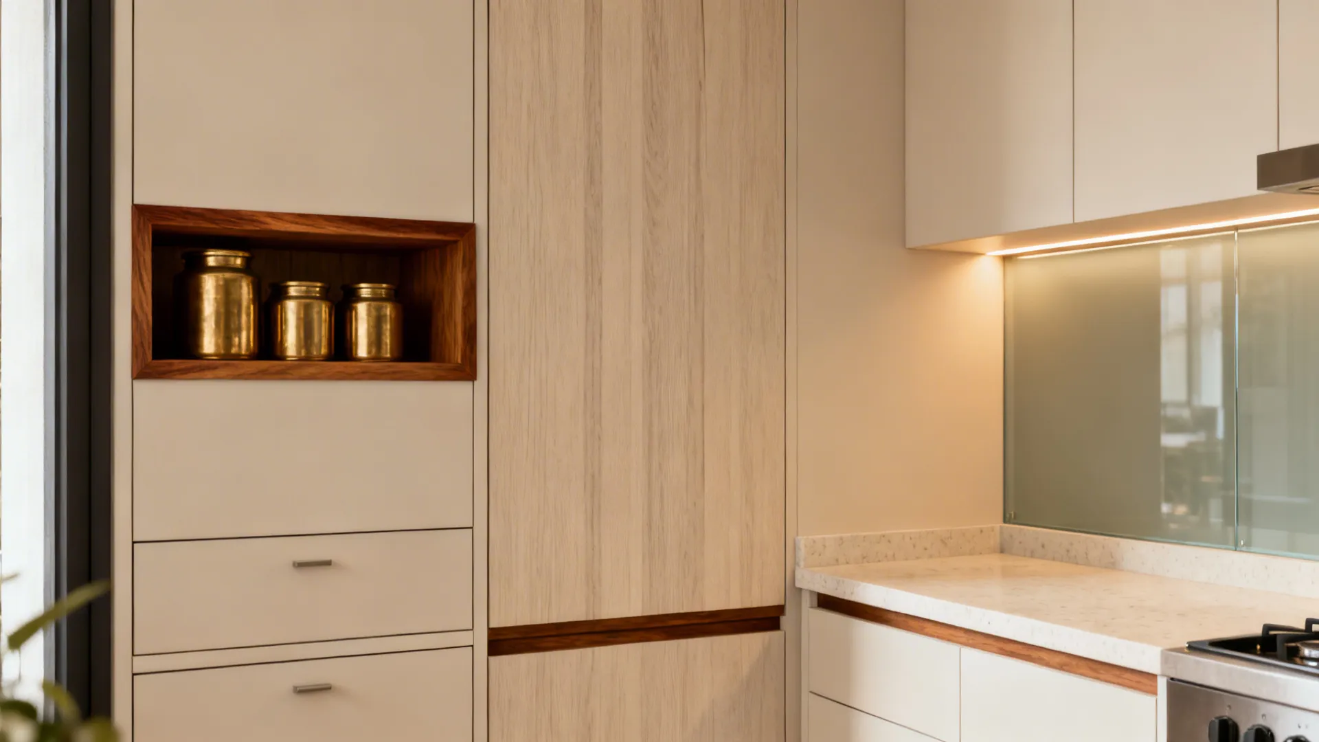 Warm wood accents without visual bulk