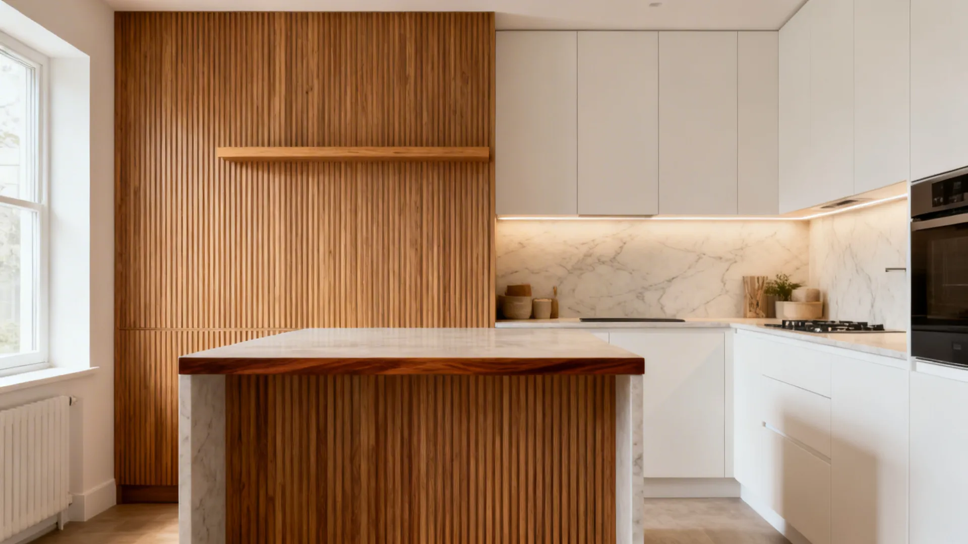 Modern kitchen interior featuring wood wall panel white cabinets marble backsplash and a large island