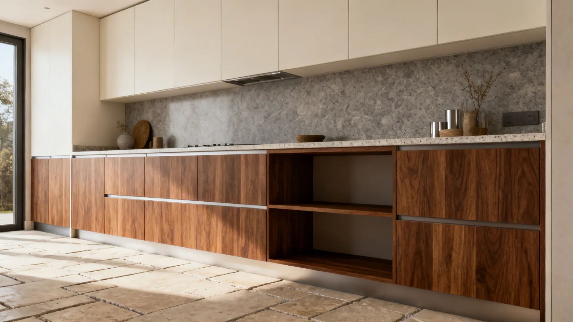 Ivory and walnut-texture laminate kitchen with light stone floor suited for Pune’s monsoon.