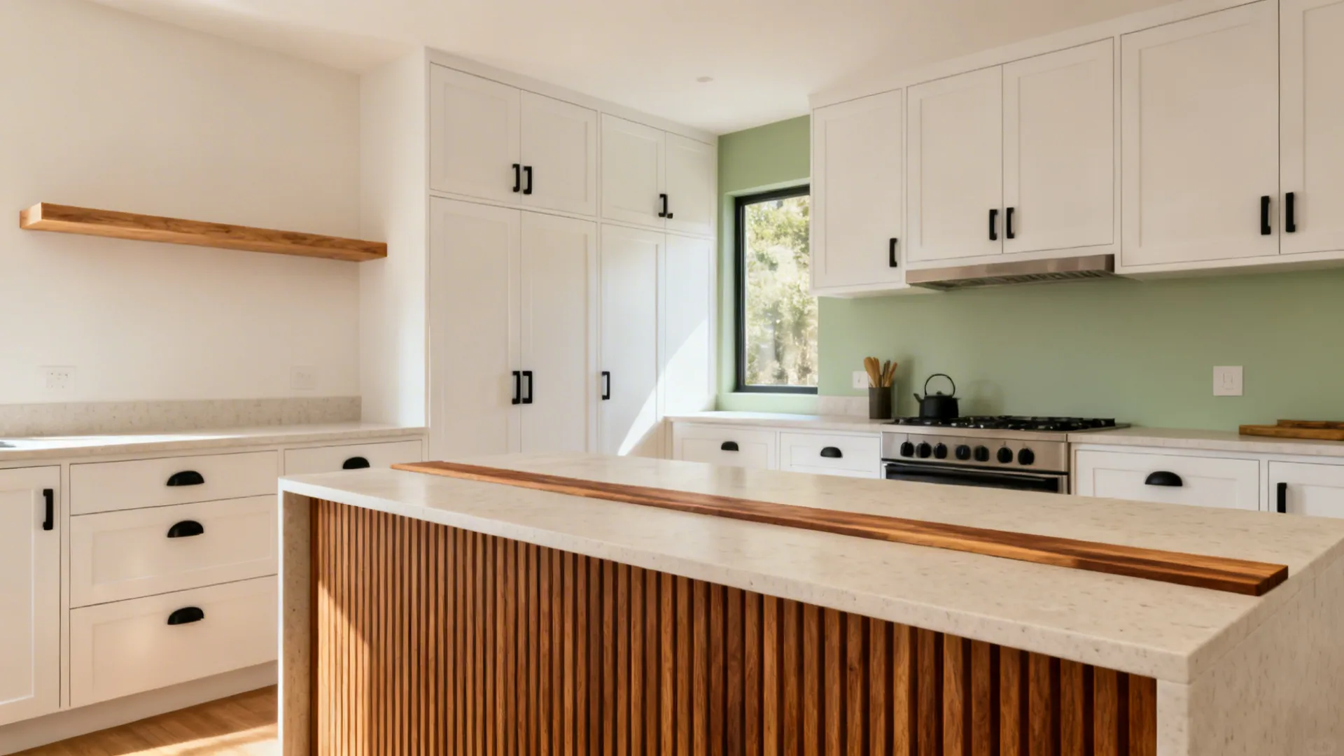 Compact kitchen featuring white oak shelves, ribbed walnut paneling, and a slim butcher-block strip.