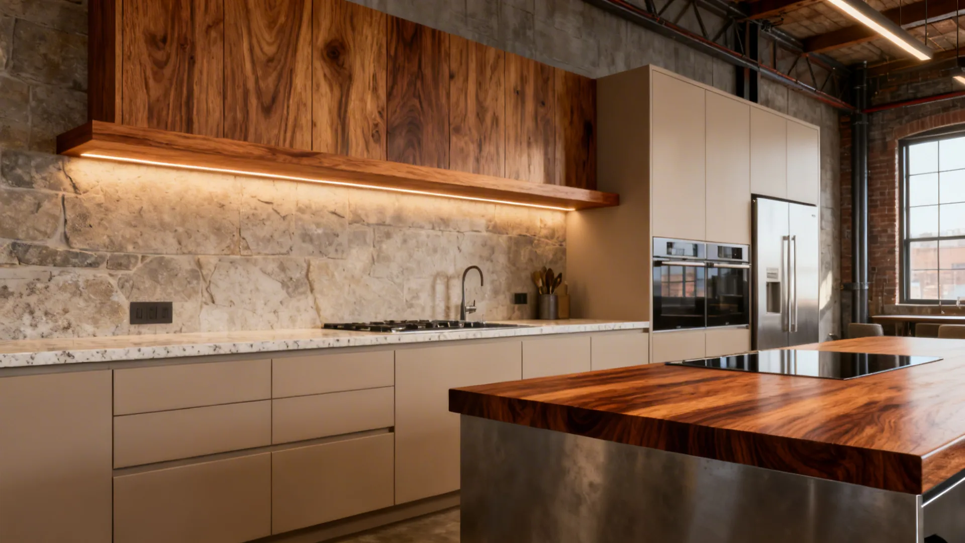 Modern kitchen with an oak floating shelf and walnut island edge adding warmth to neutral finishes.