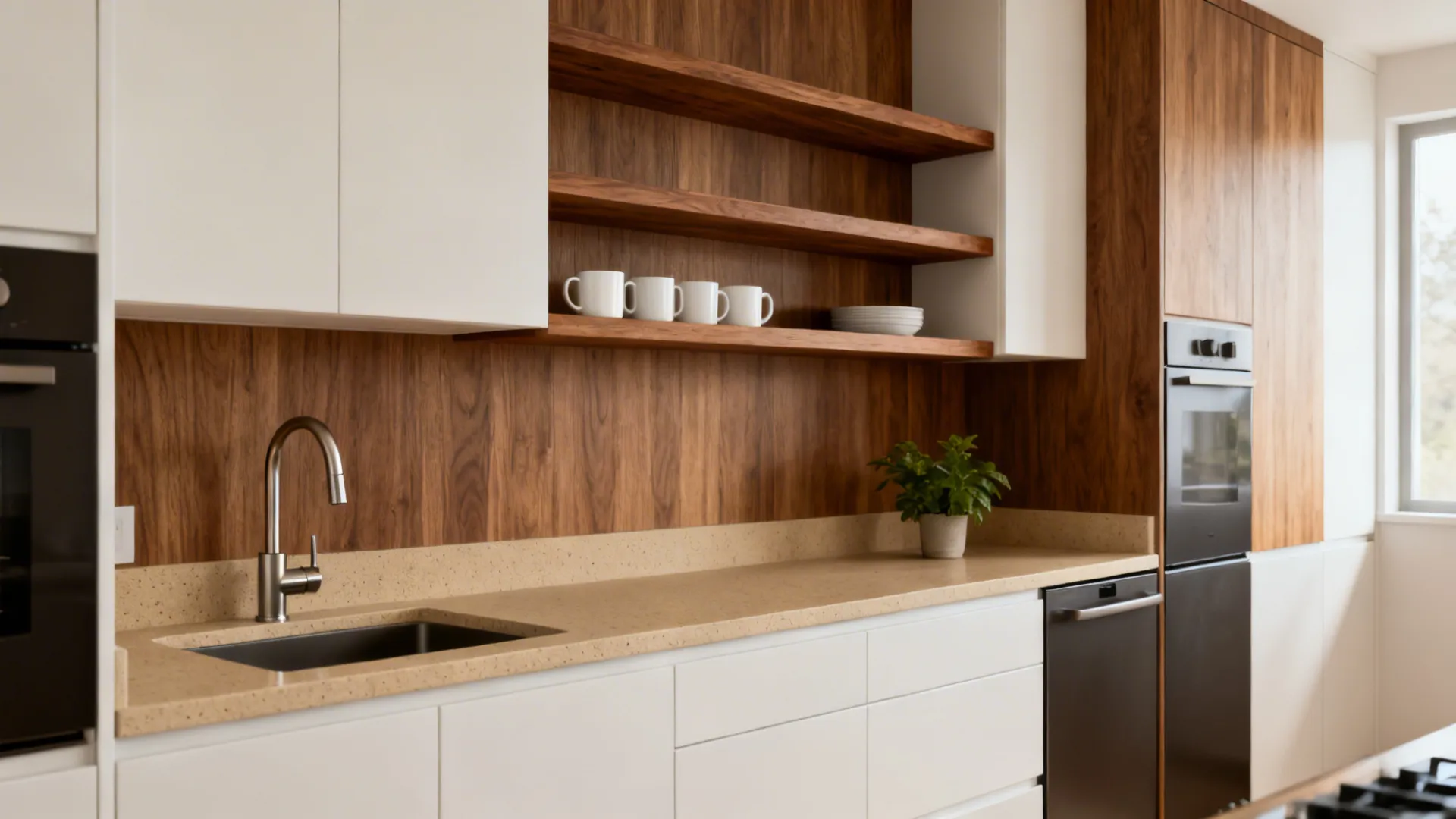 Small kitchen with walnut floating shelves, soft-white cabinets, and sand-tone quartz counters.