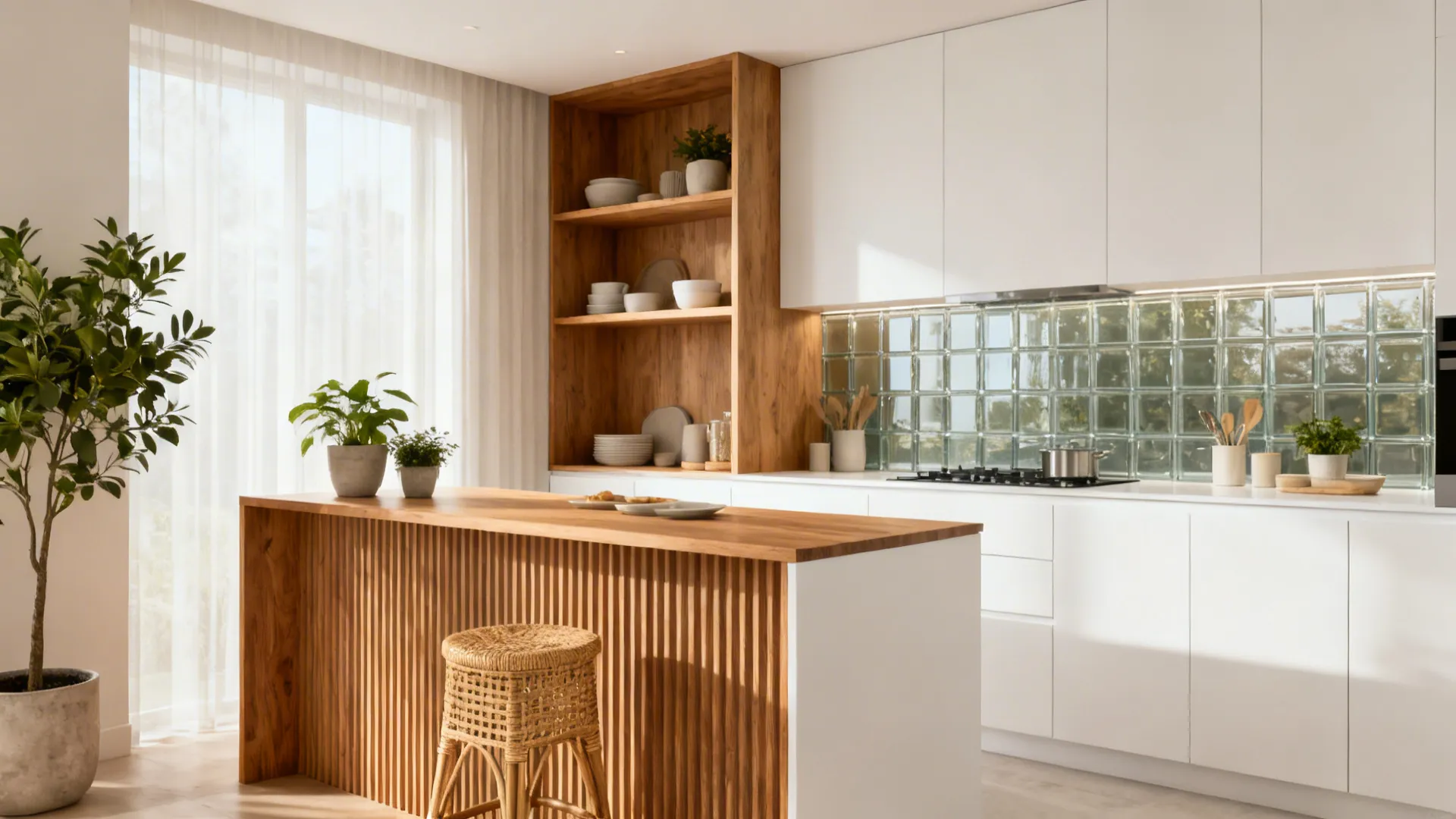 Small bright kitchen with fluted wood panel, wood shelves, and matte white base cabinets.