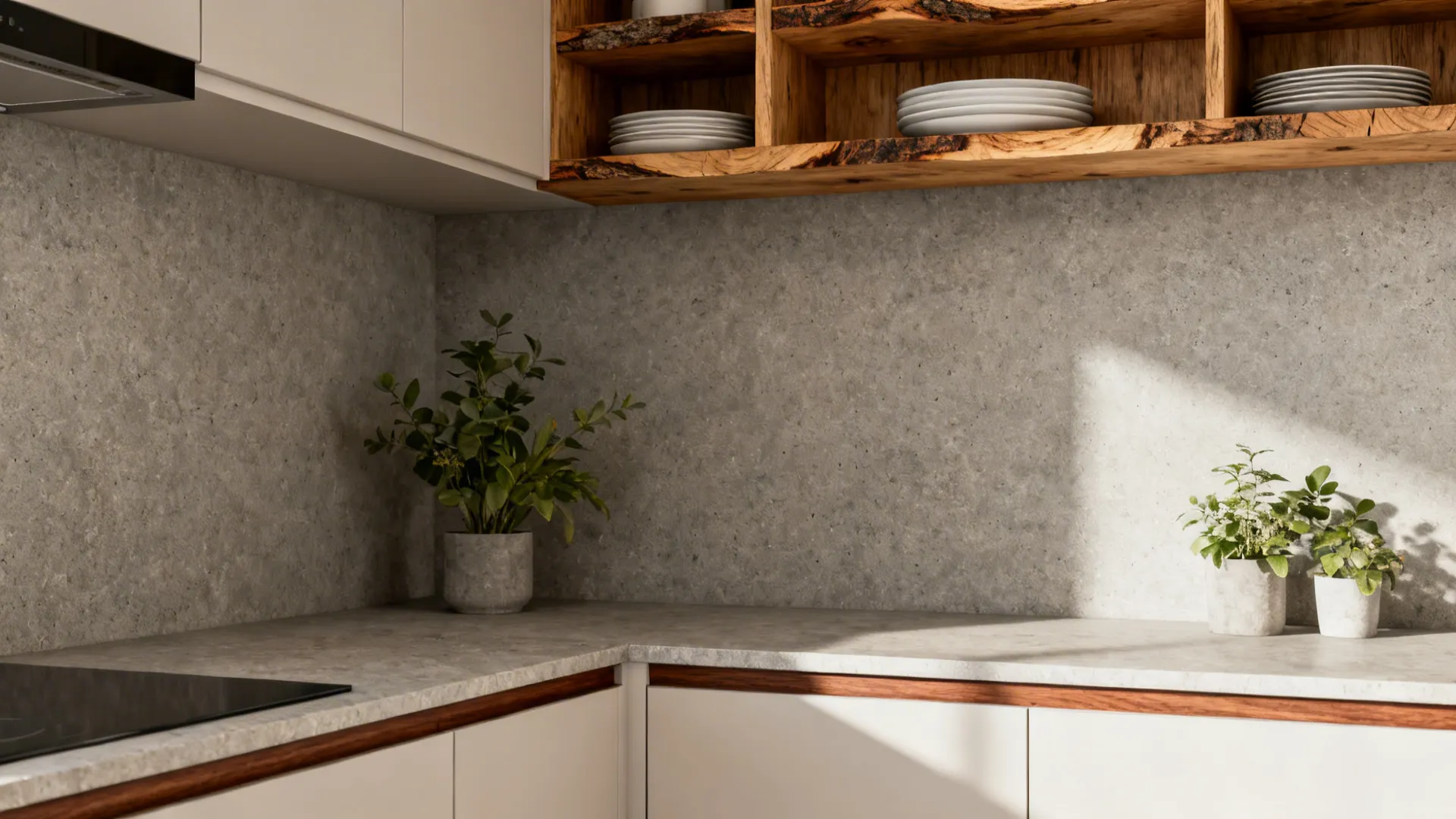 Bright kitchen corner with white cabinets, wooden open shelves, green potted plants, and stone walls
