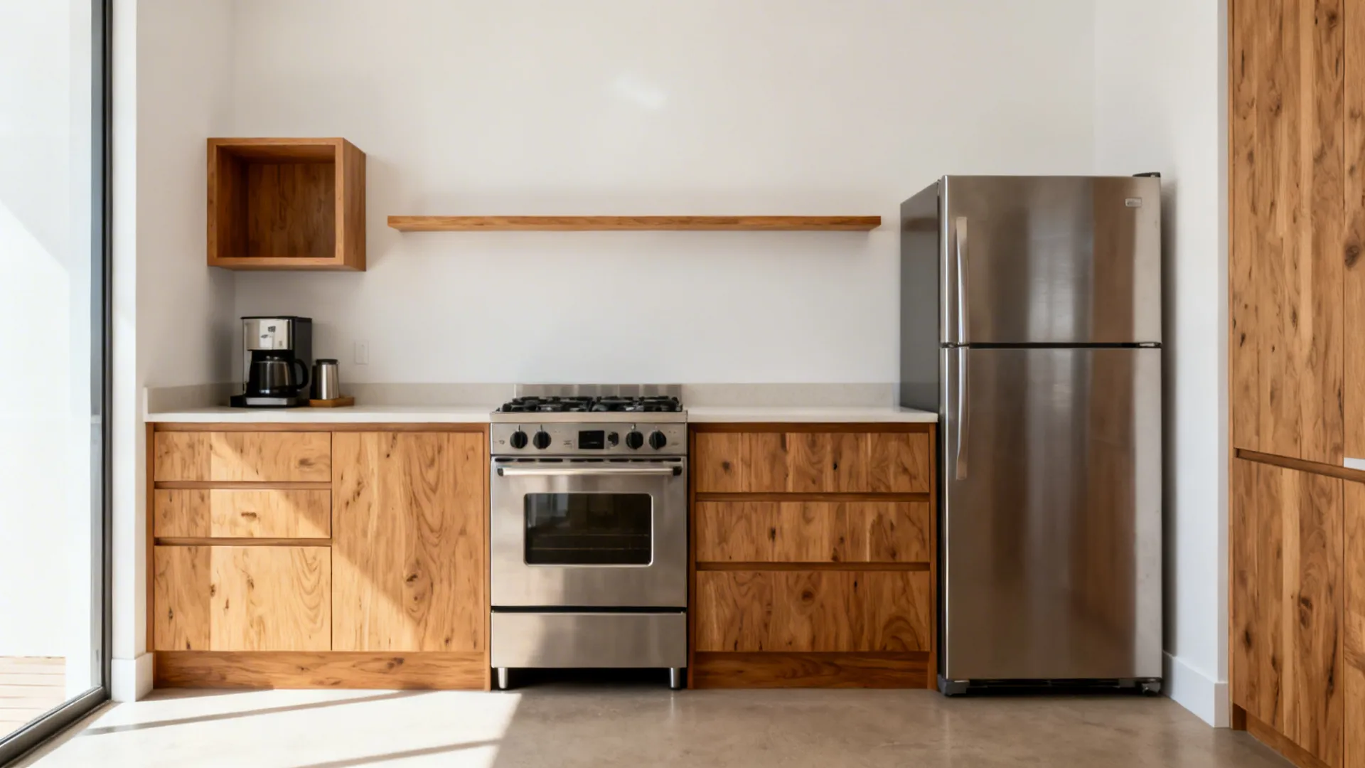 Modern kitchen area with wooden cabinets stainless steel stove and refrigerator under a simple wooden shelf
