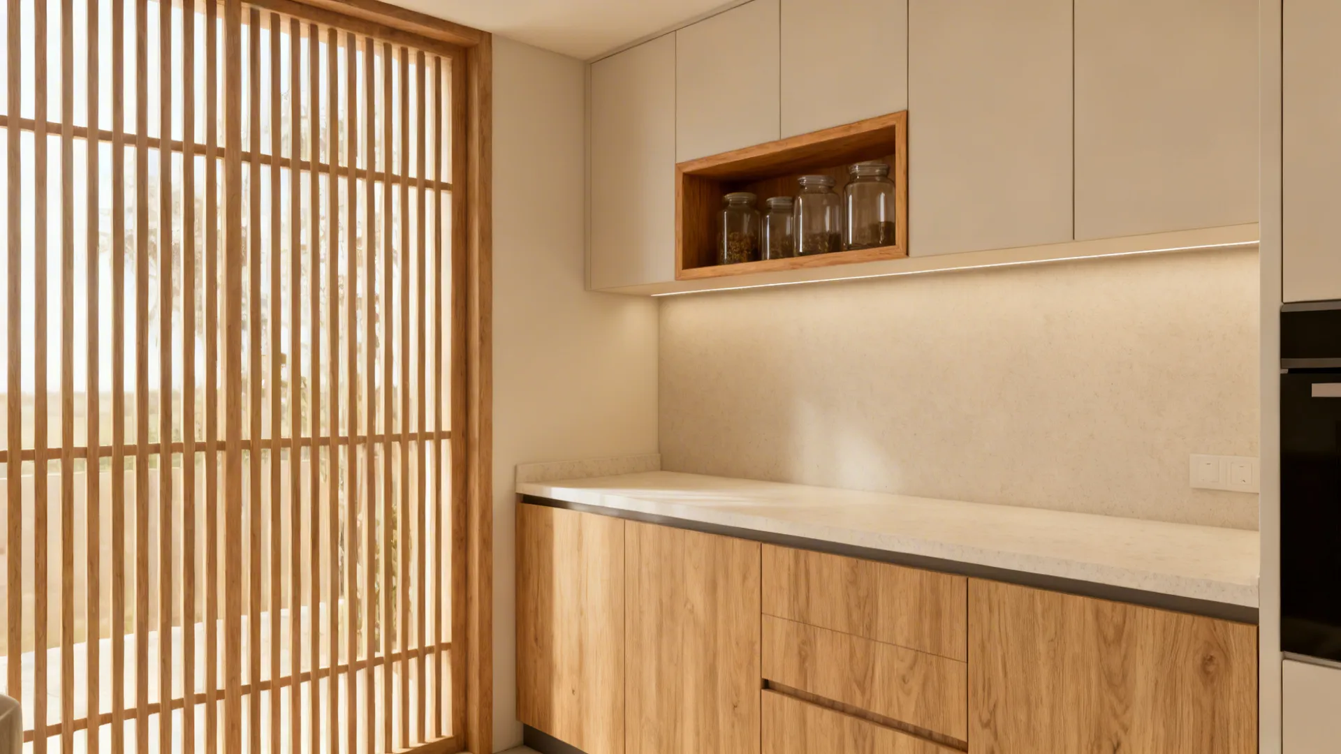 Light wood base units and open shelf paired with matte light cabinets in a small kitchen.